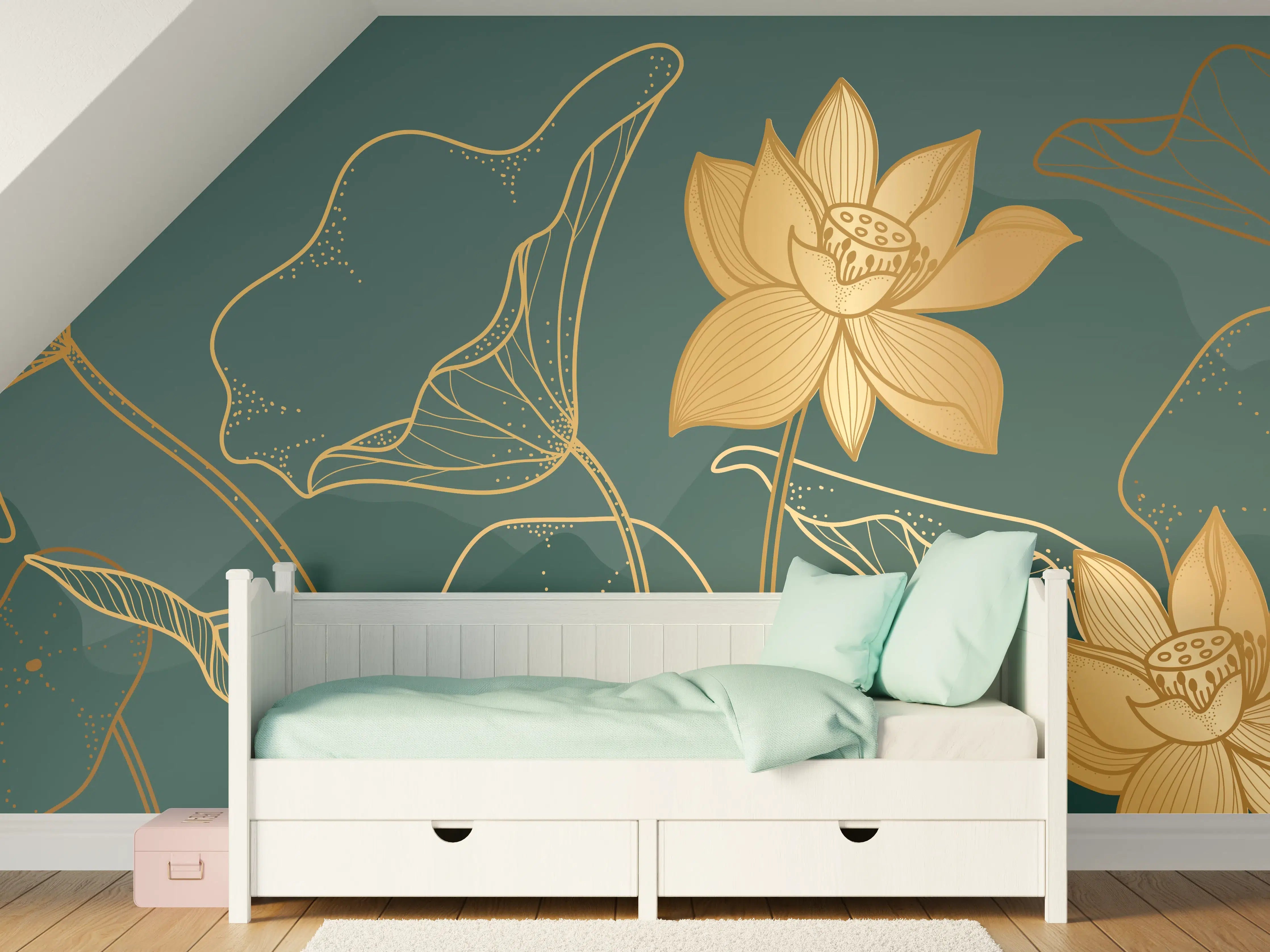Kinderzimmer Wandgestaltung - Goldene Lotus Linienzeichnung