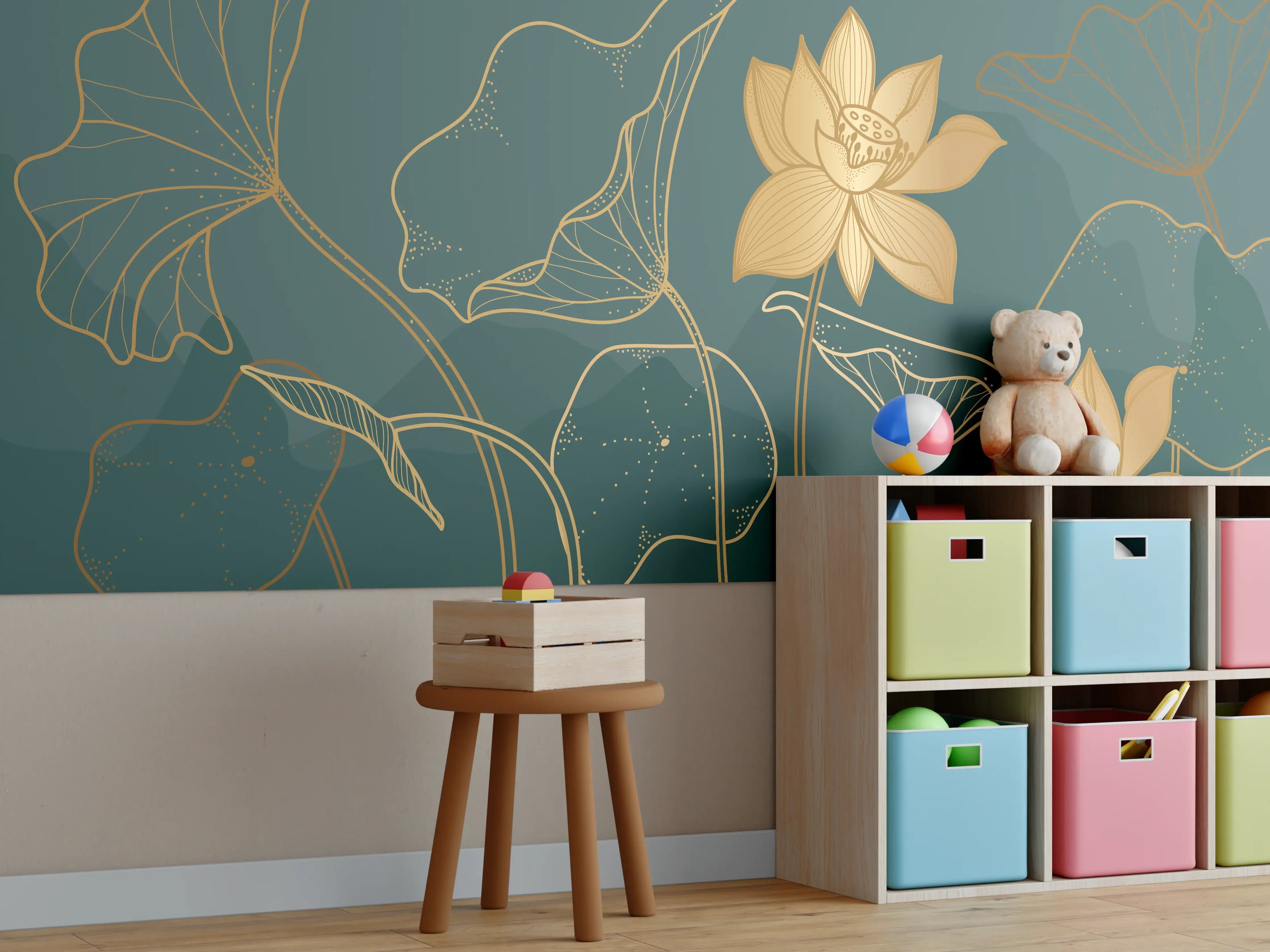 Kinderzimmer Wandgestaltung - Goldene Lotus Linienzeichnung