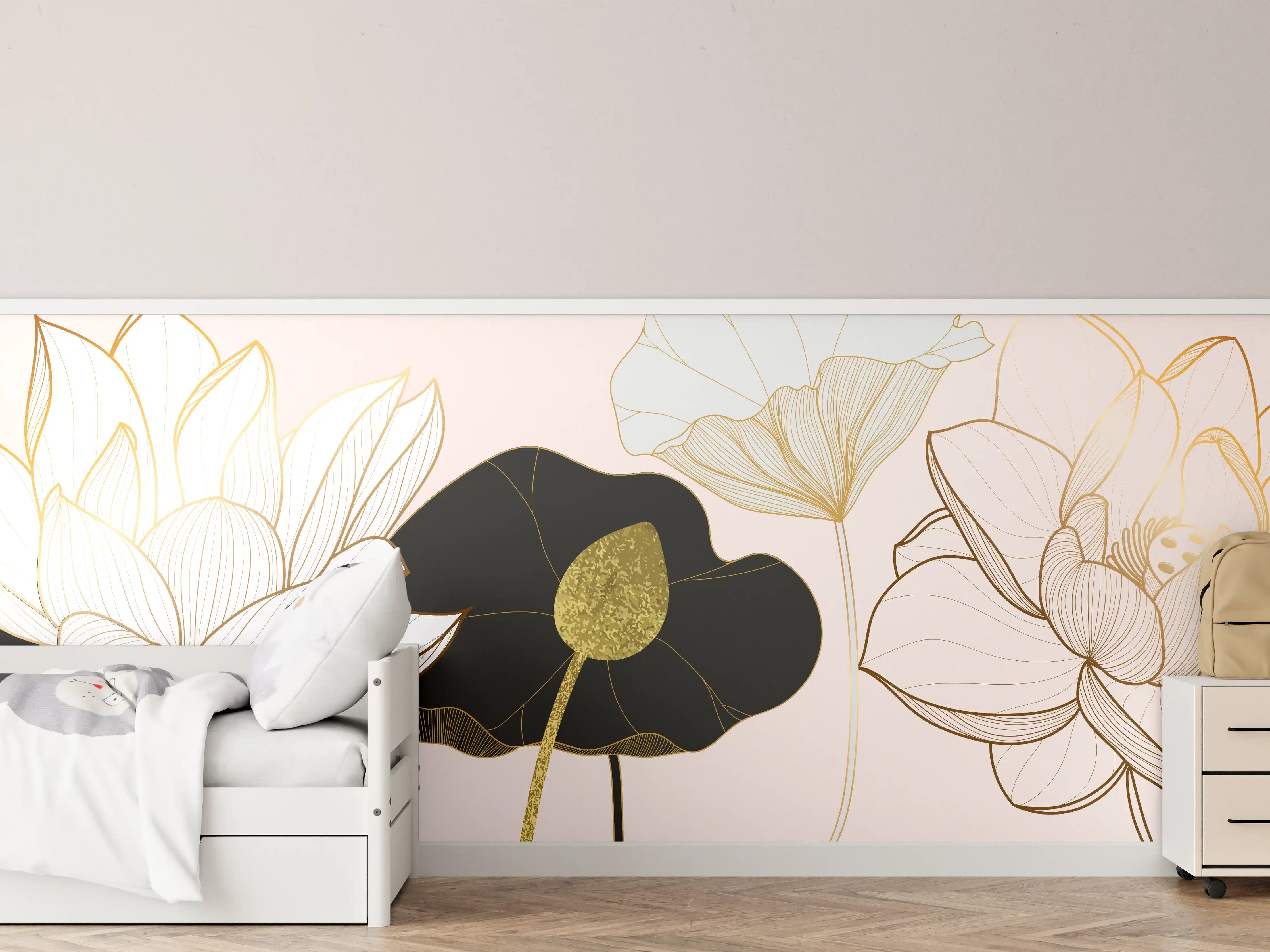 Kinderzimmer Wandgestaltung - Goldene Lotusblumen auf Schwarz