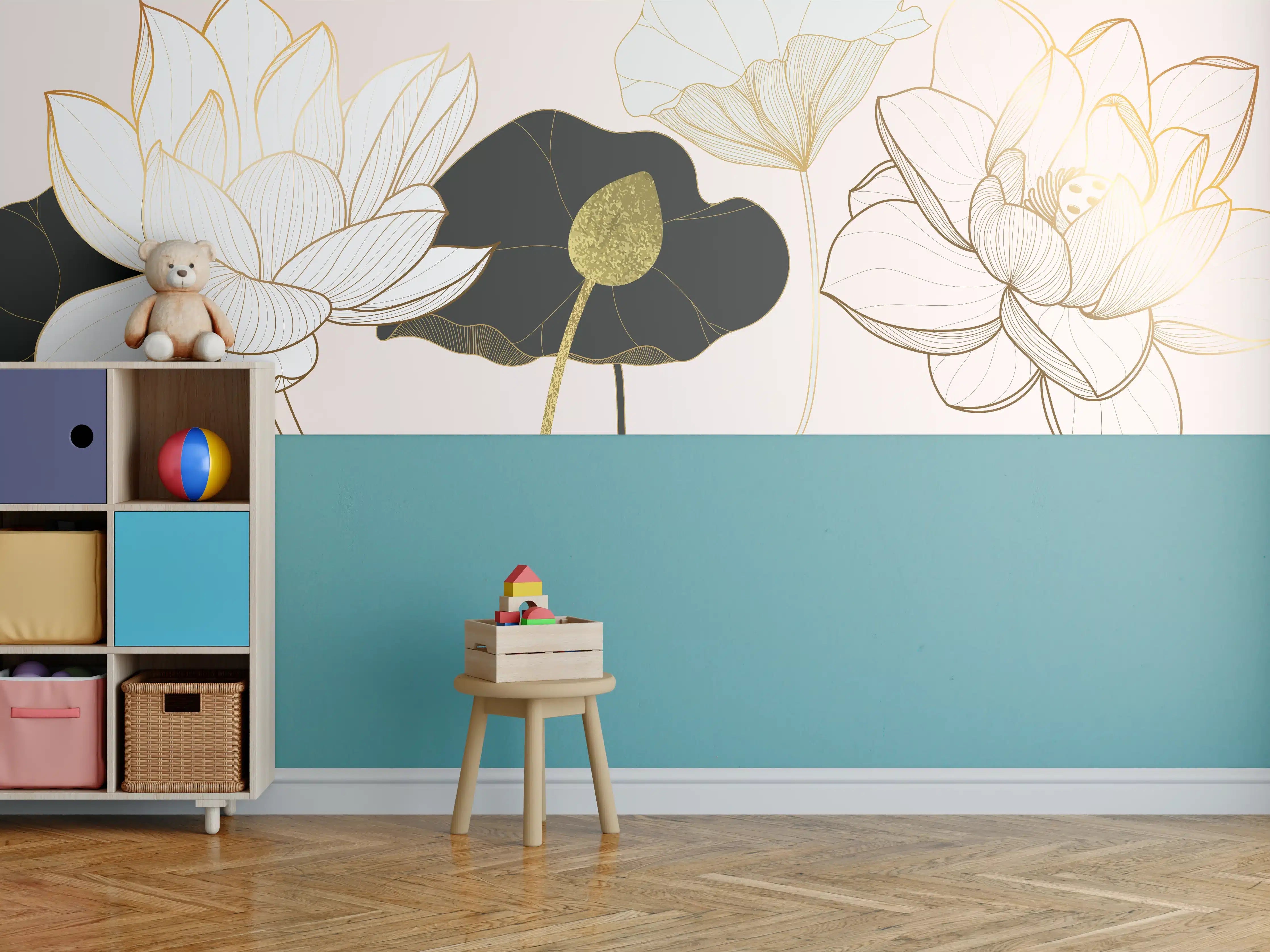 Kinderzimmer Wandgestaltung - Goldene Lotusblumen auf Schwarz