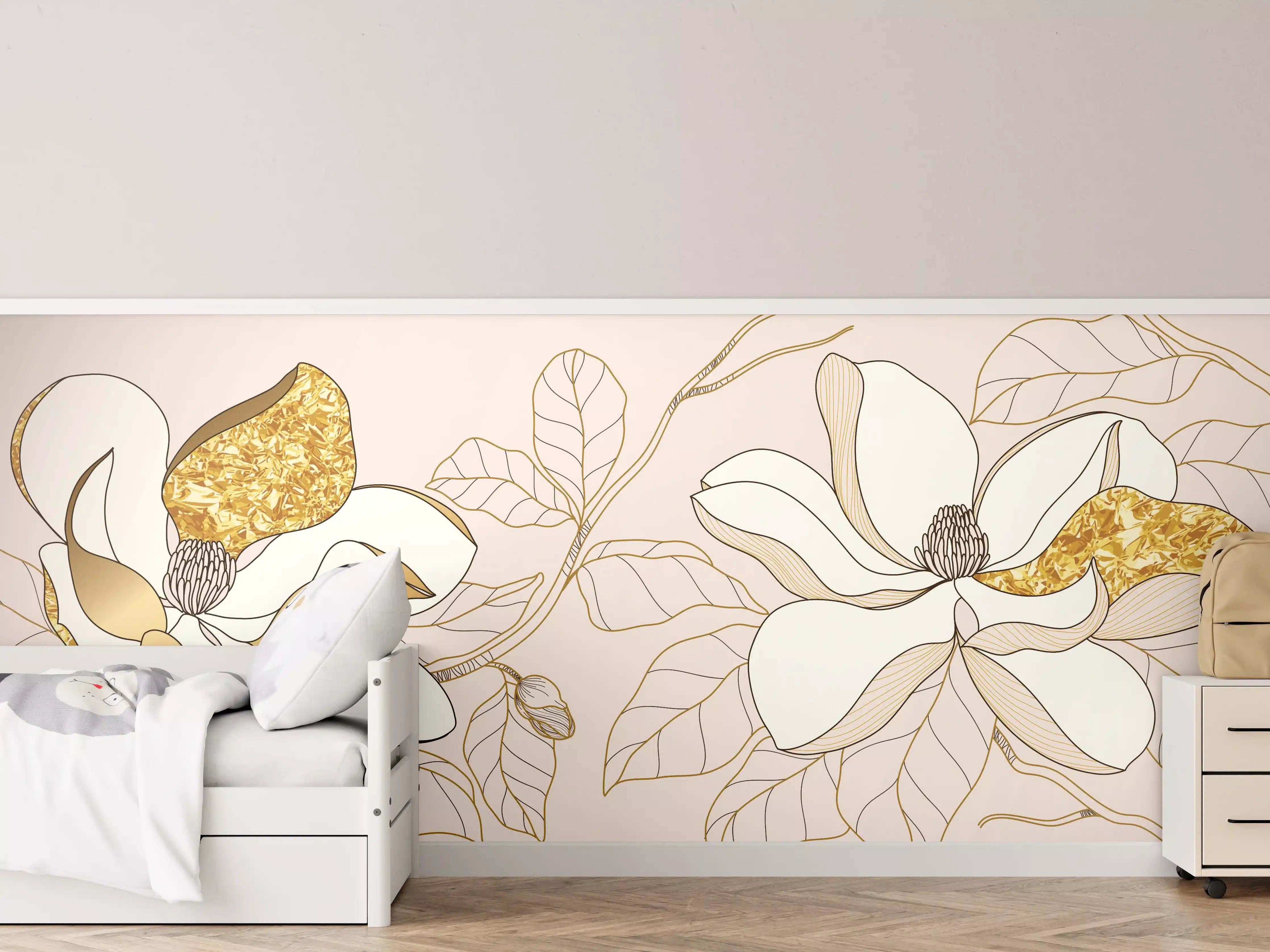 Kinderzimmer Wandgestaltung - Goldene Magnolia auf neutralem Hintergrund