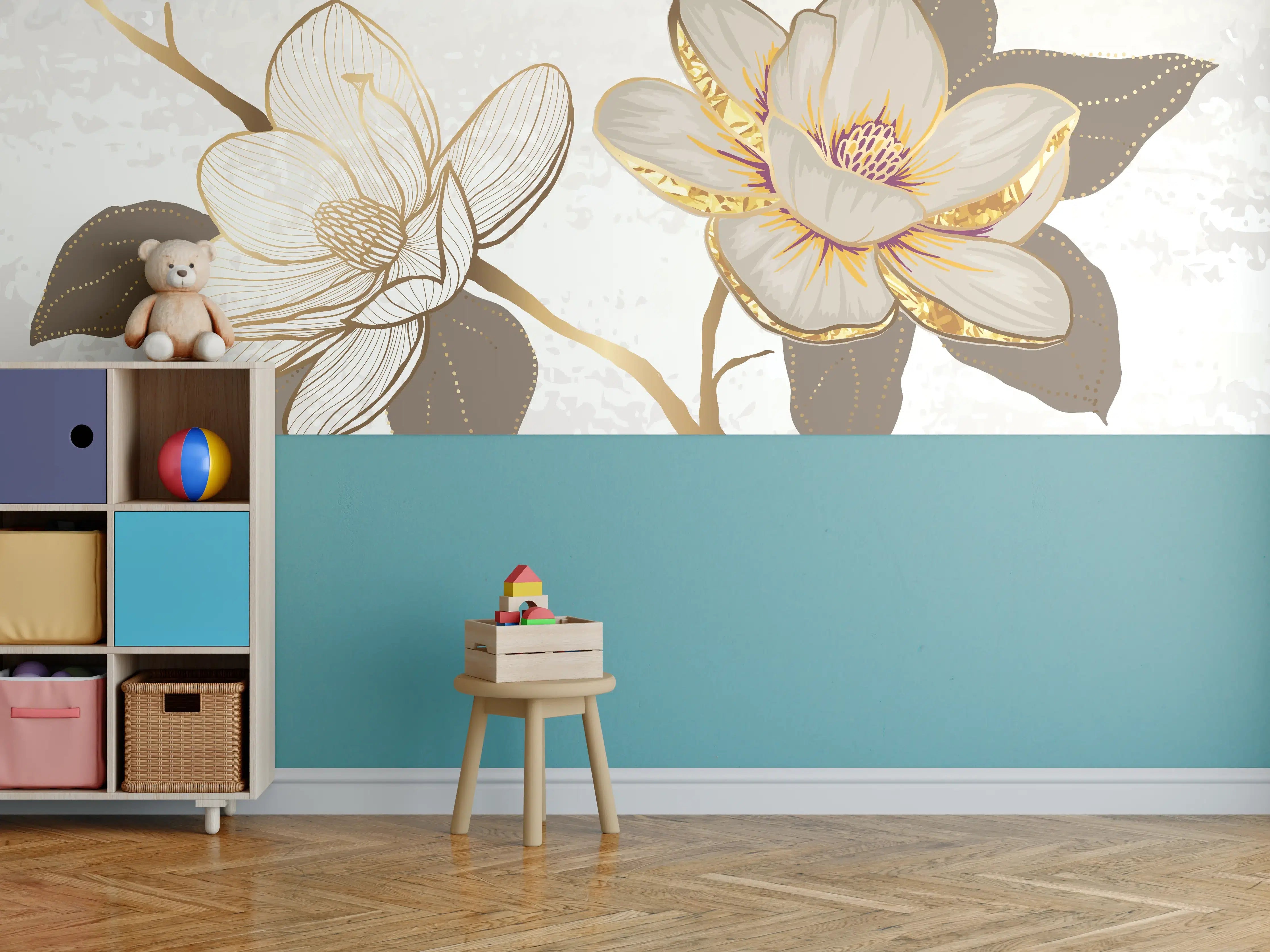 Kinderzimmer Wandgestaltung - Goldene Magnolien Kunst-Design