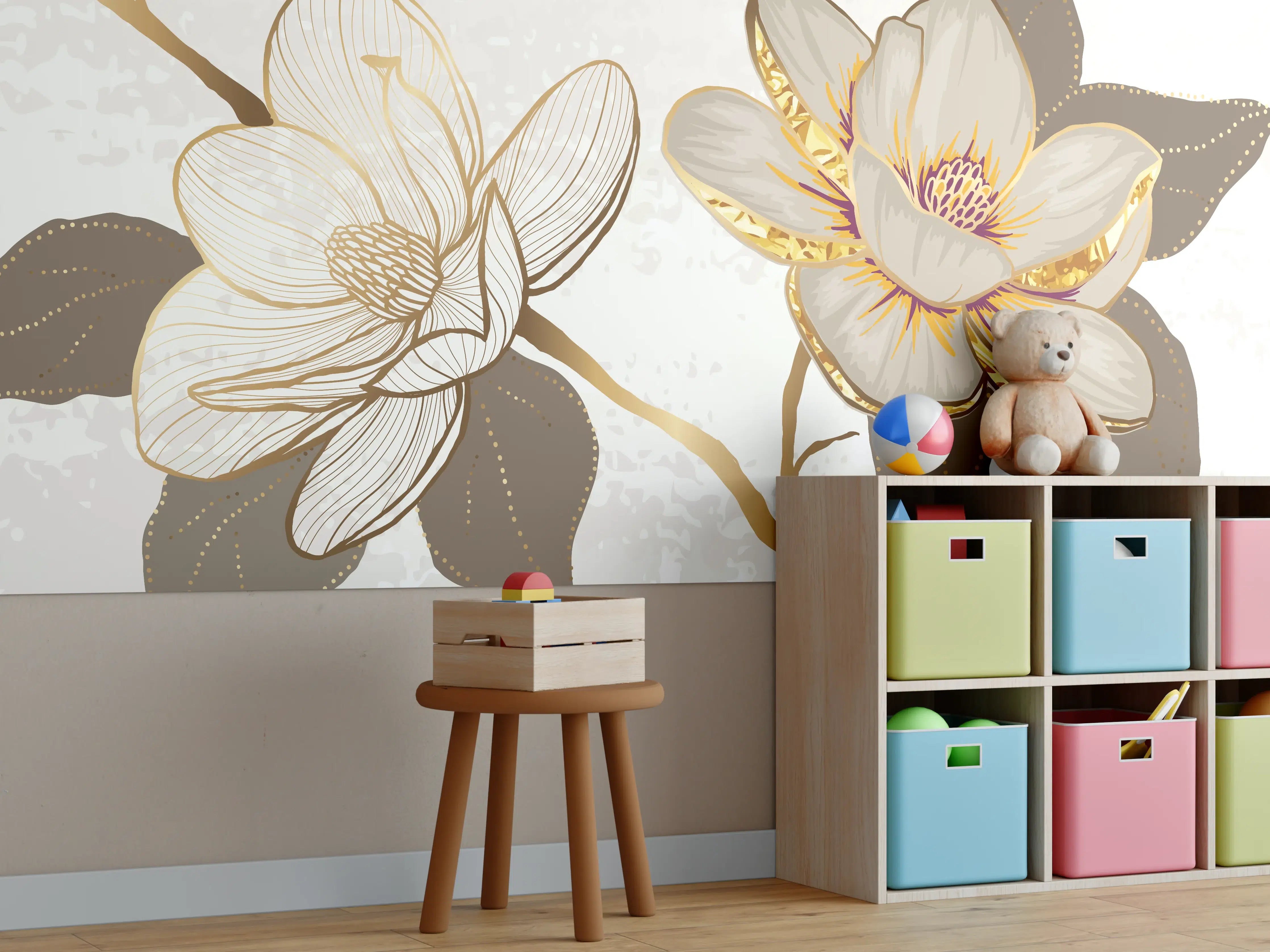 Kinderzimmer Wandgestaltung - Goldene Magnolien Kunst-Design