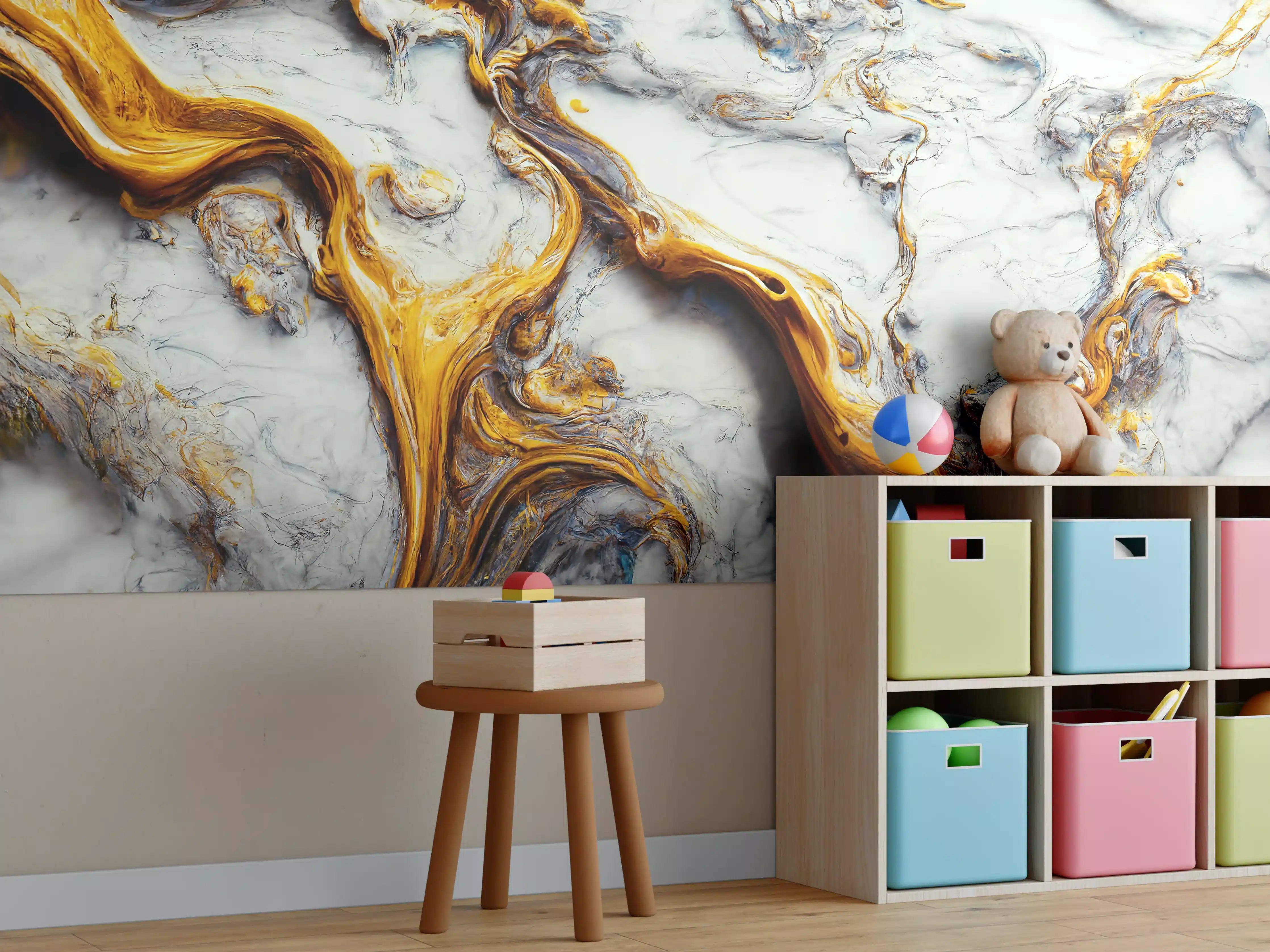 Kinderzimmer Wandgestaltung - Goldene Marmormuster mit weißen Akzenten