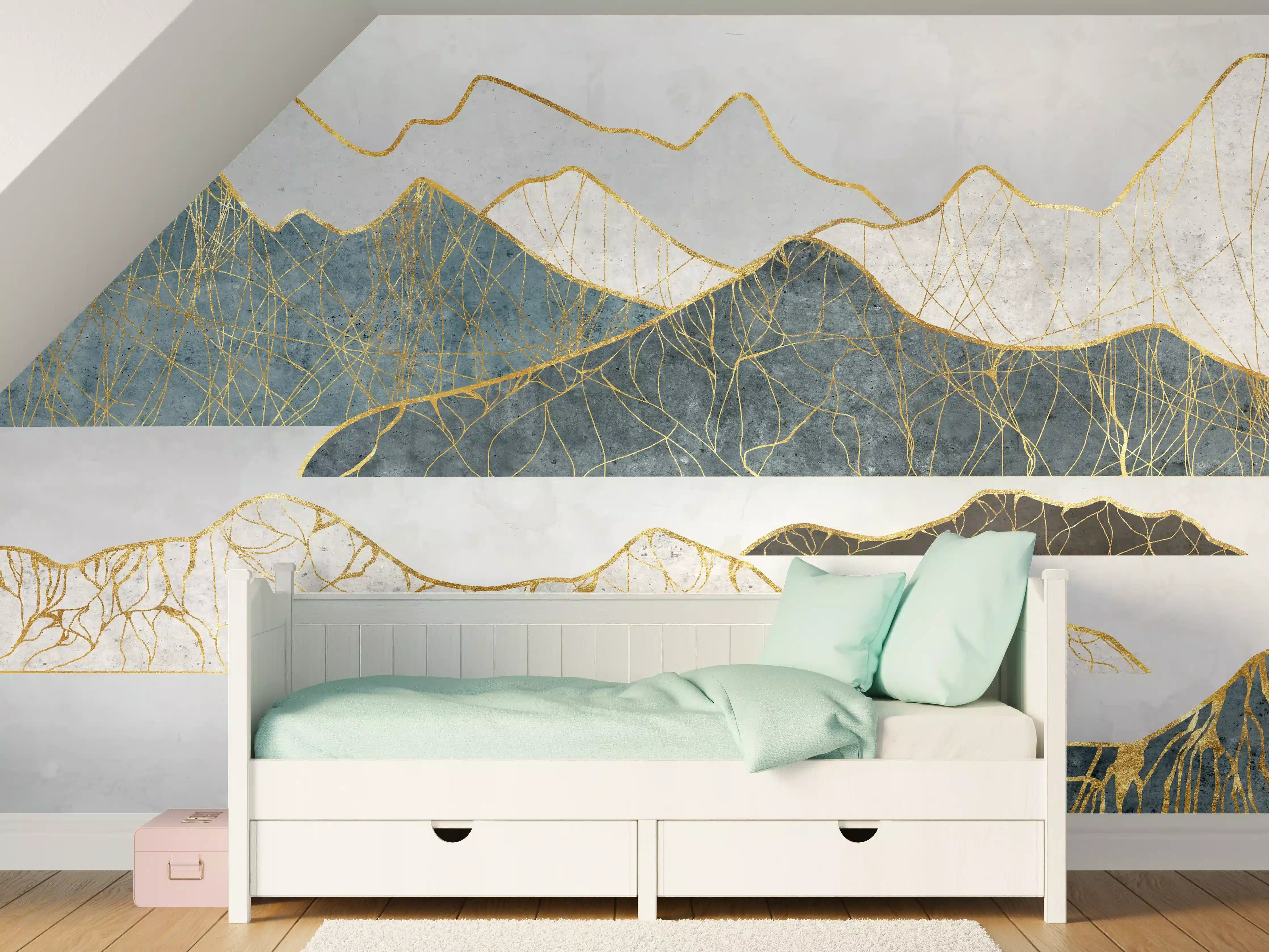 Kinderzimmer Wandgestaltung - Goldene Silhouetten einer Bergregion