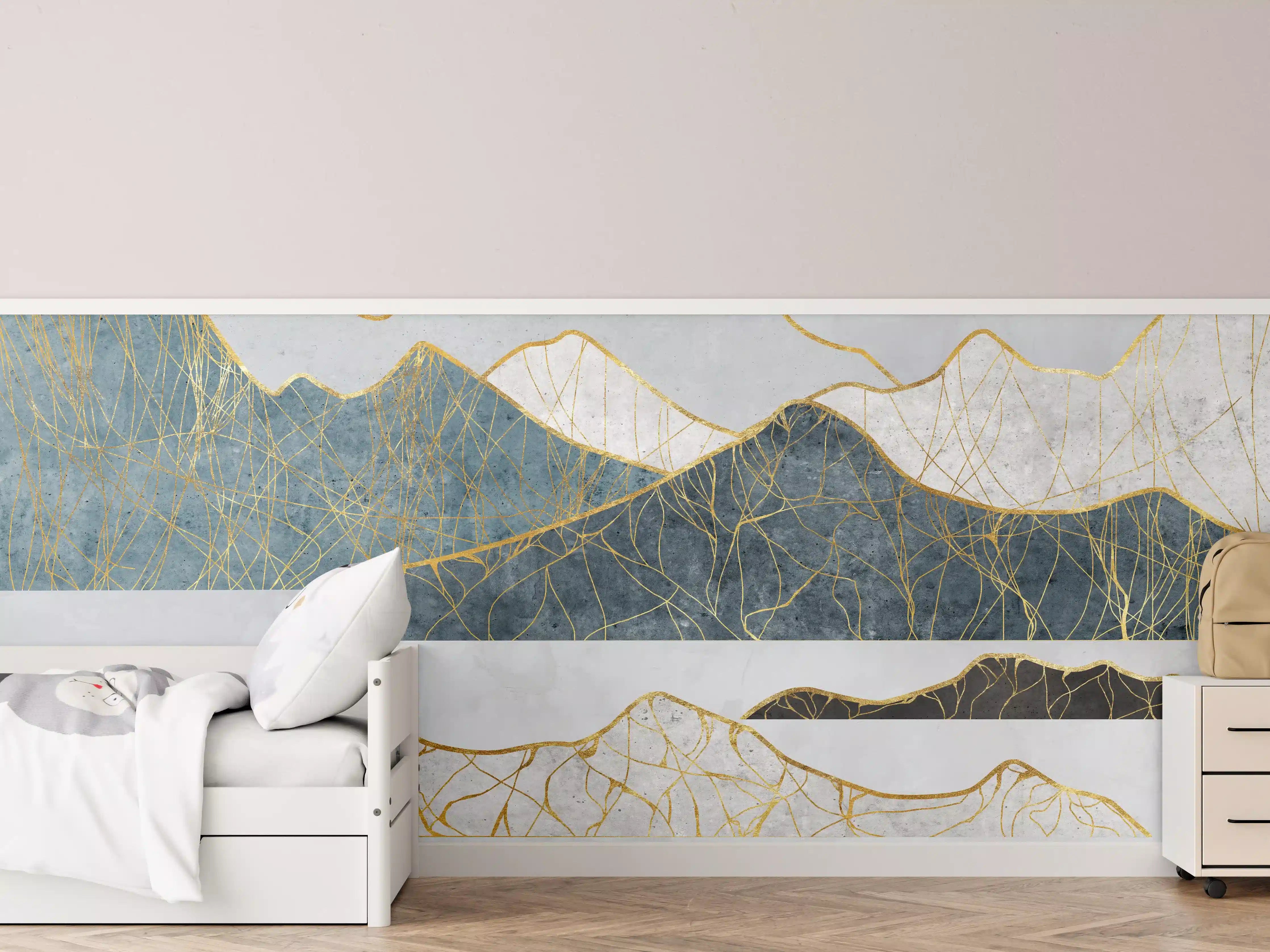 Kinderzimmer Wandgestaltung - Goldene Silhouetten einer Bergregion