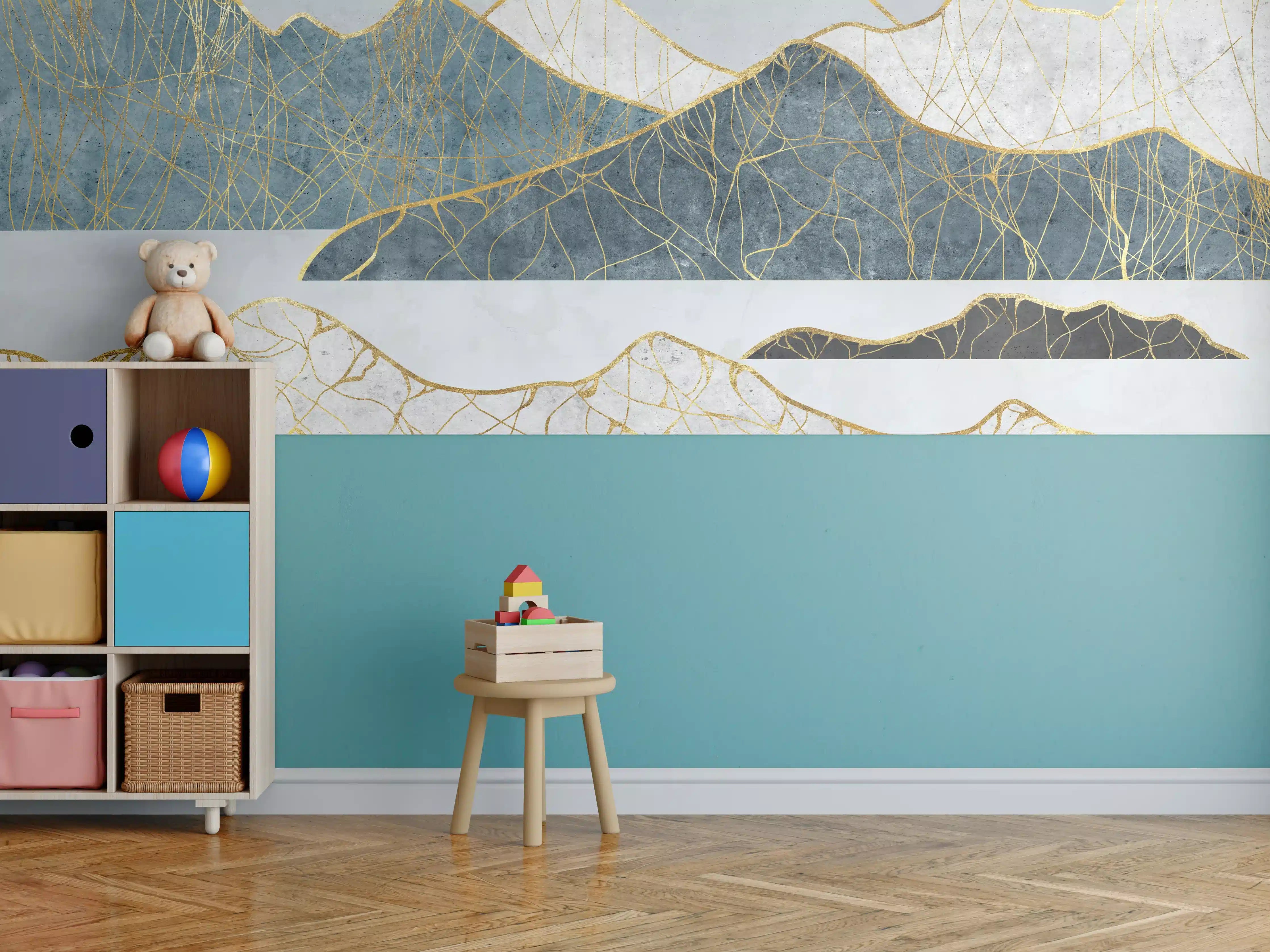 Kinderzimmer Wandgestaltung - Goldene Silhouetten einer Bergregion