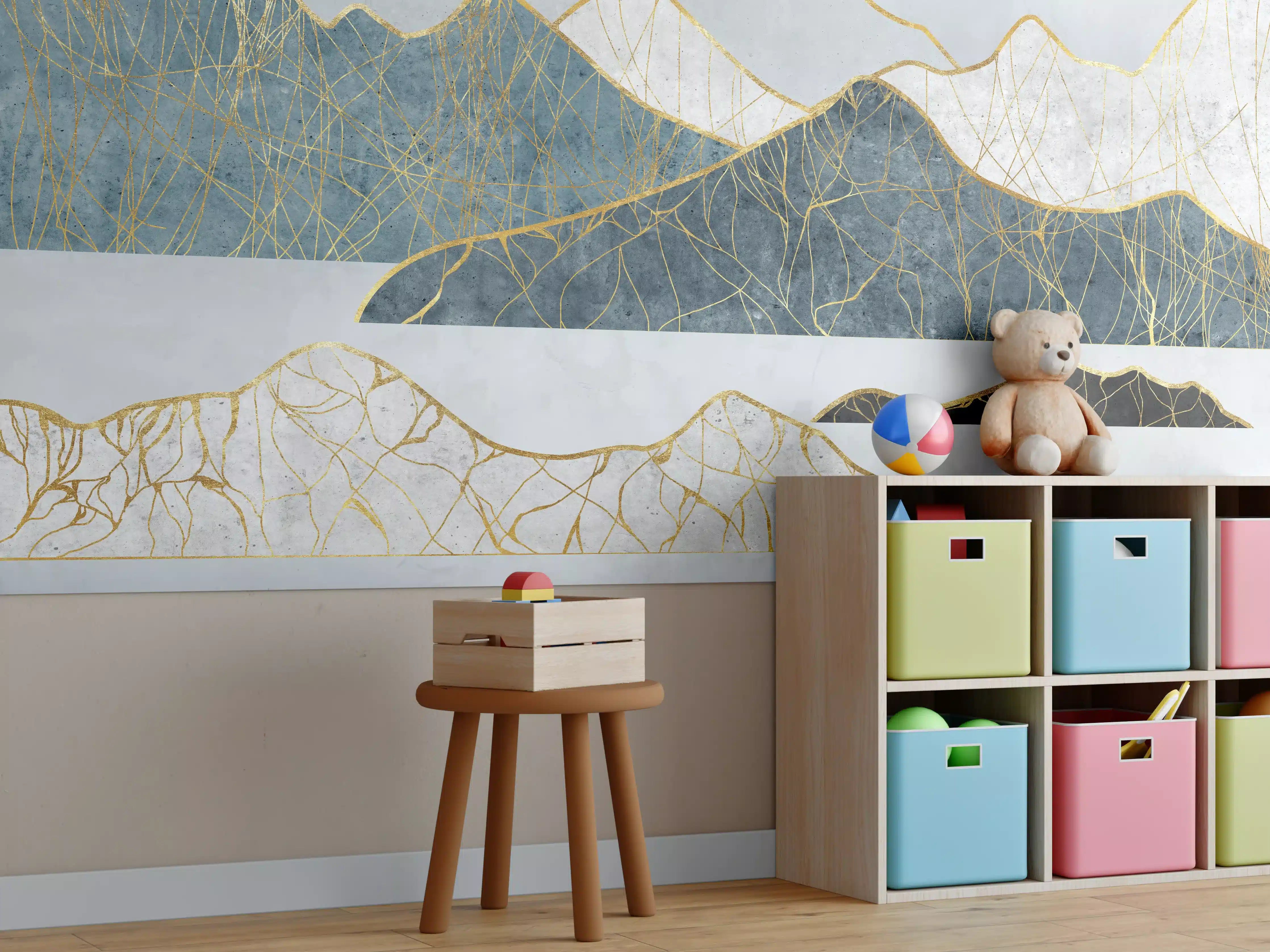 Kinderzimmer Wandgestaltung - Goldene Silhouetten einer Bergregion