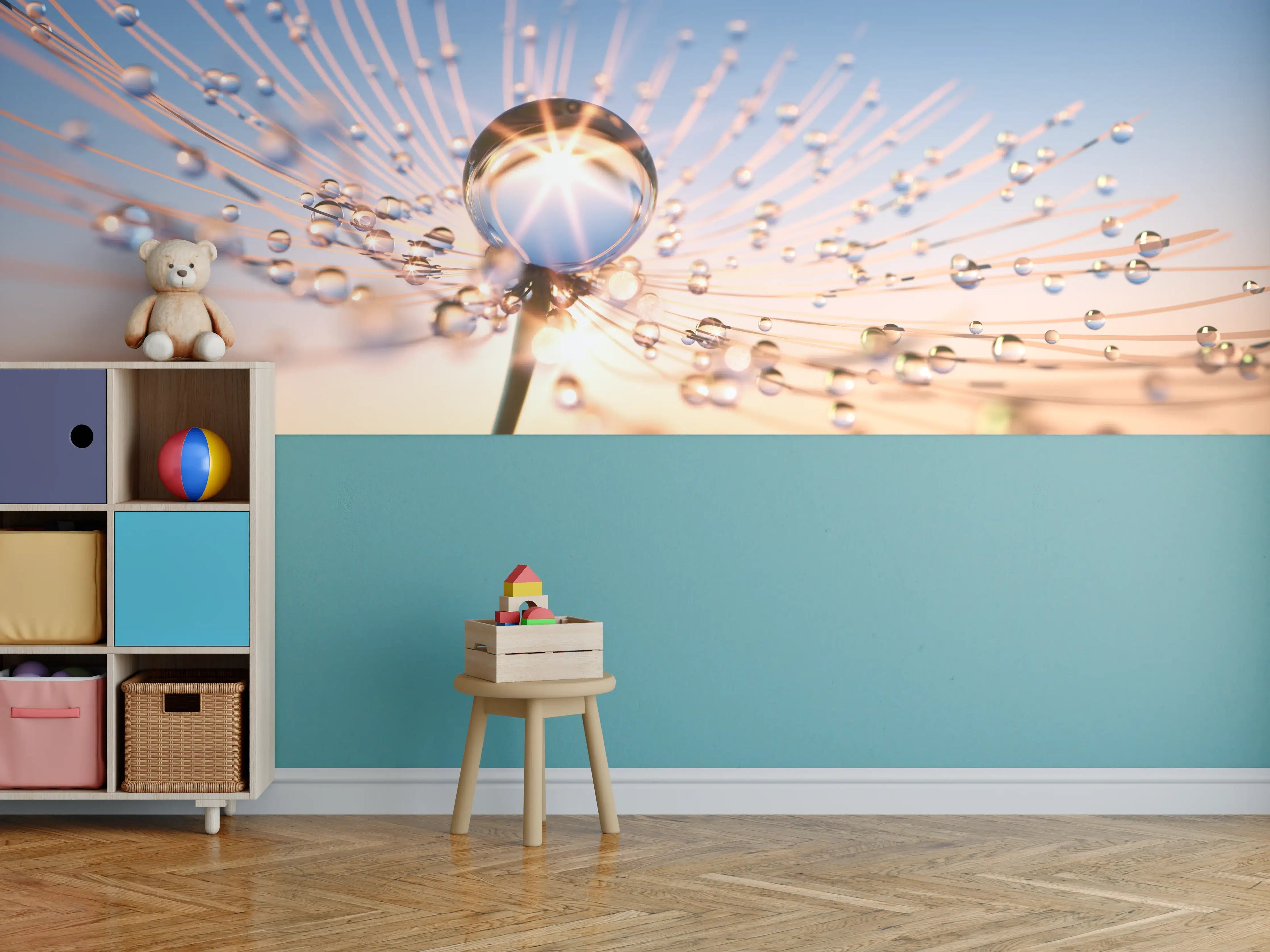 Kinderzimmer Wandgestaltung - Goldene Sonnenstrahlen spiegeln sich in Wasserkugeln