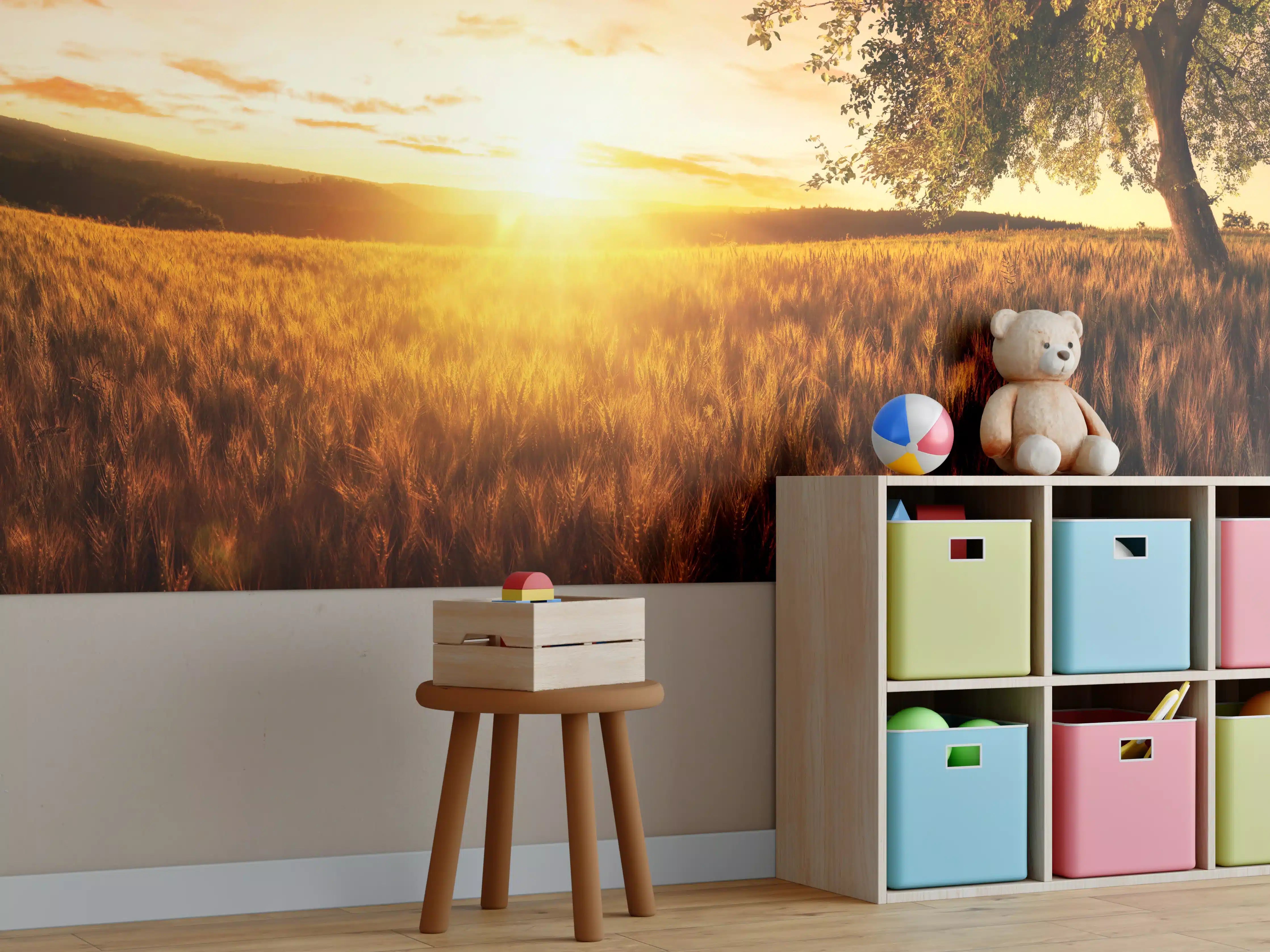 Kinderzimmer Wandgestaltung - Goldene Sonnenuntergangs-Landschaft