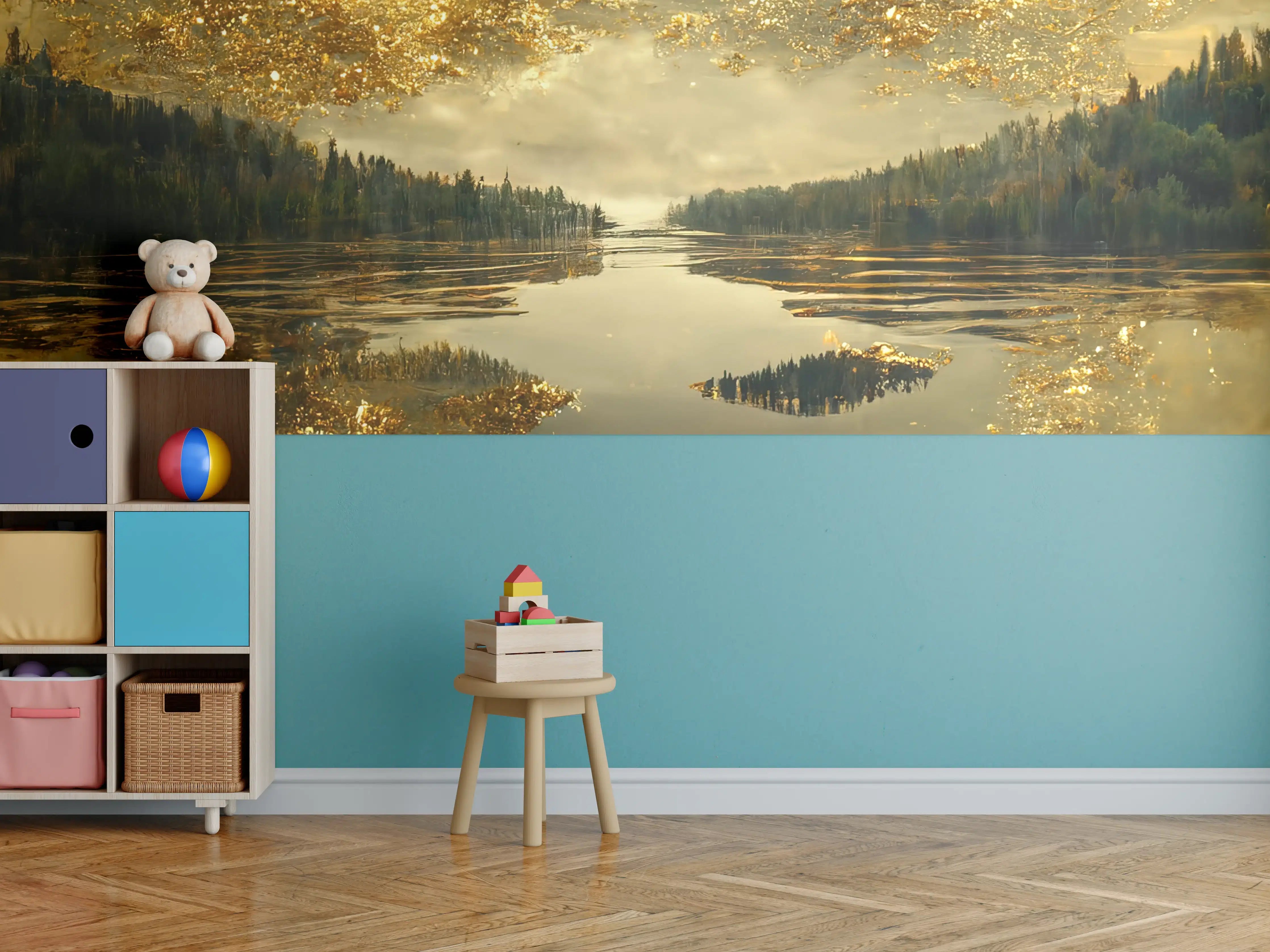 Kinderzimmer Wandgestaltung - Goldene Spiegelung auf ruhigem Fluss bei Nebel