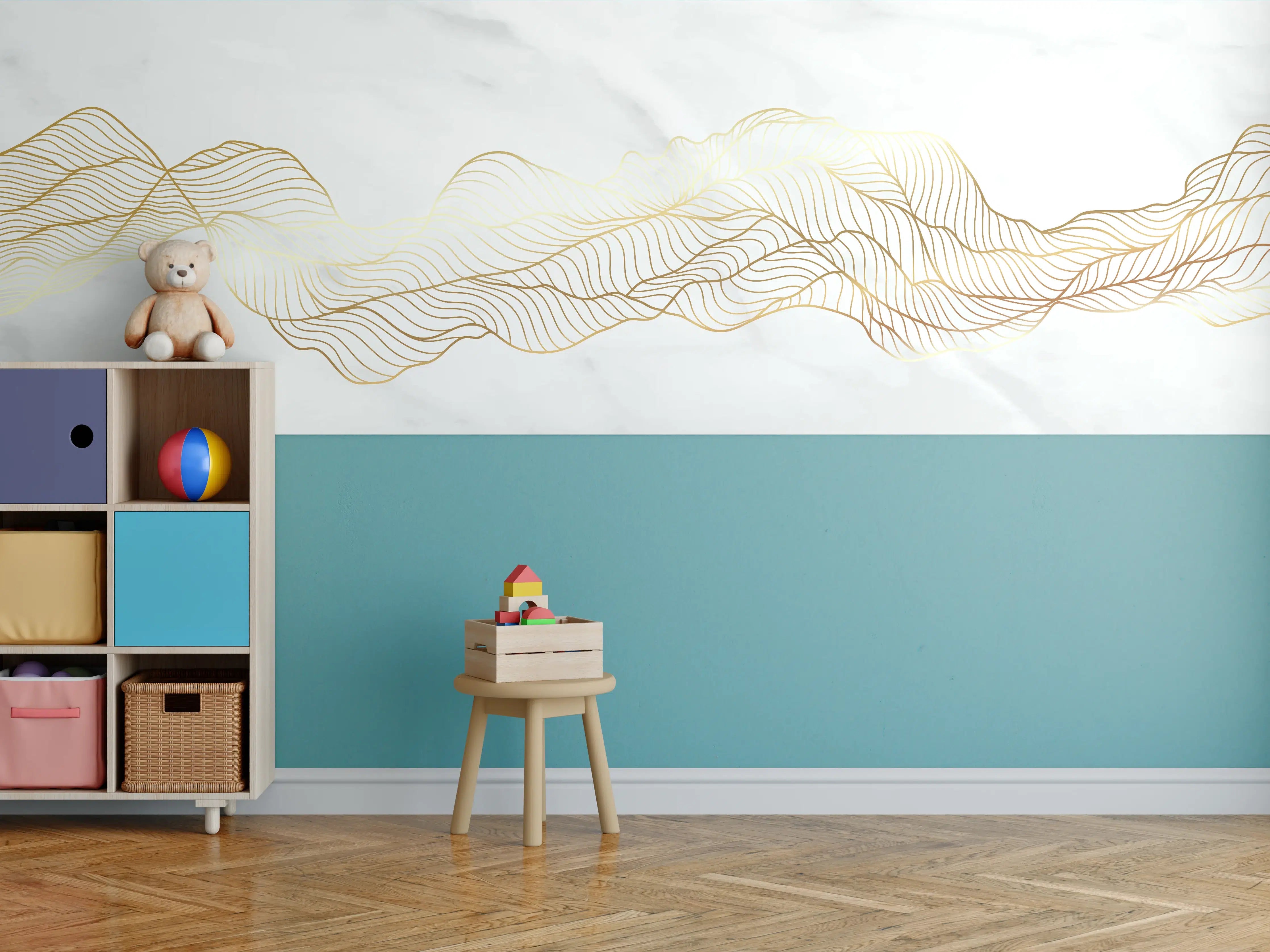 Kinderzimmer Wandgestaltung - Goldene Wellenlinien auf Marmor