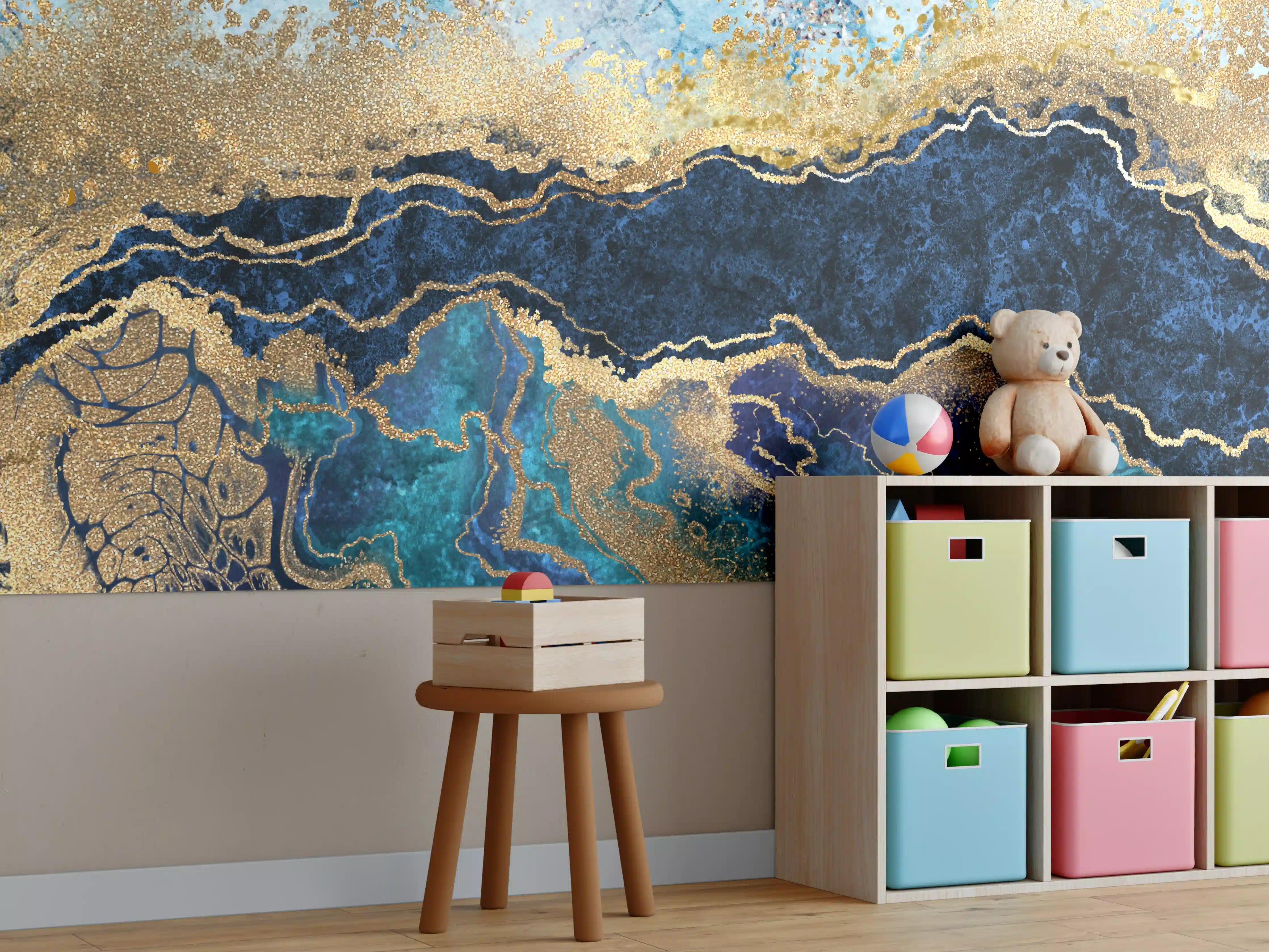 Kinderzimmer Wandgestaltung - Goldene und blaue Marmor-Textur