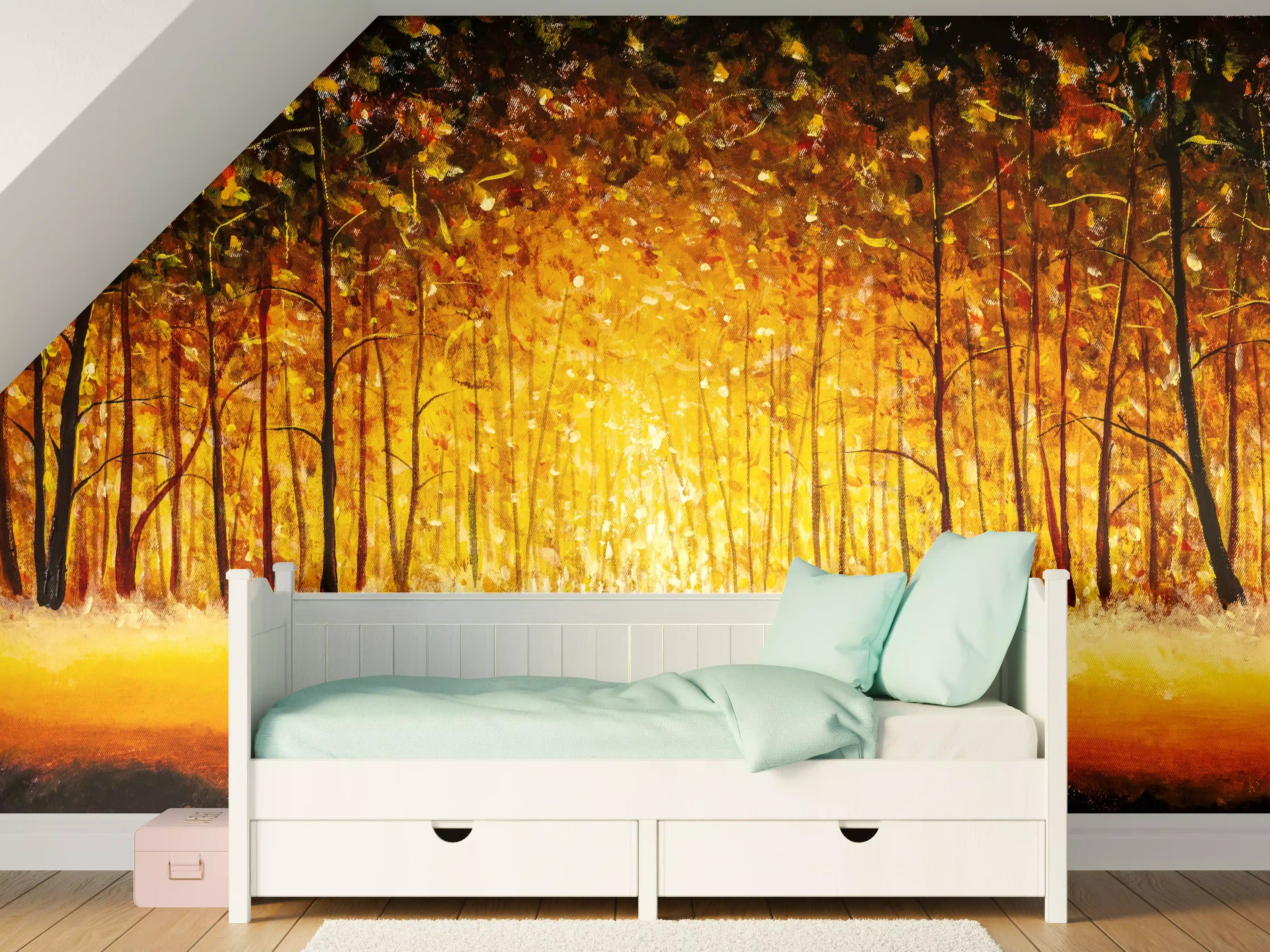 Kinderzimmer Wandgestaltung - Goldener Herbstwald bei Sonnenuntergang