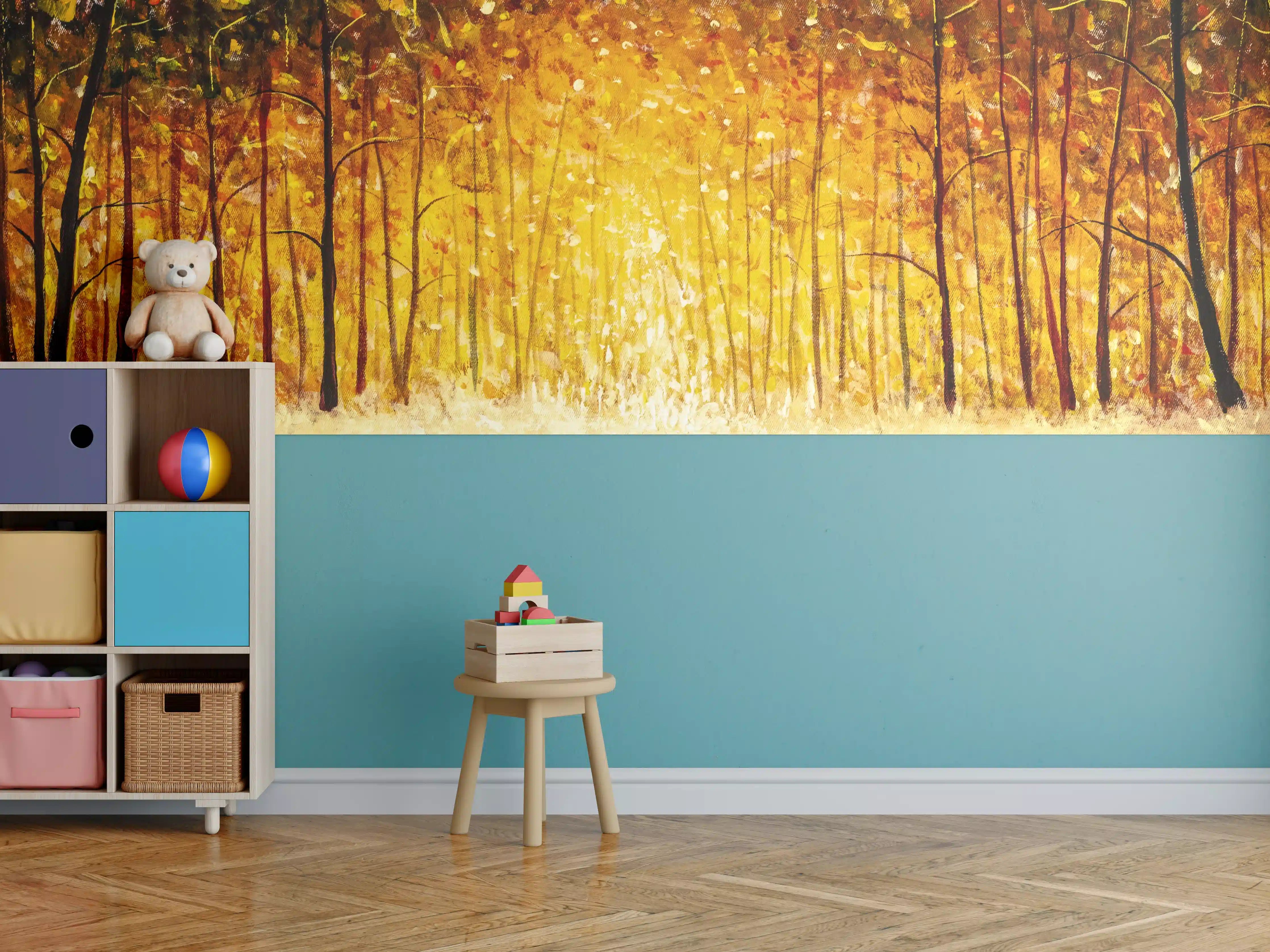 Kinderzimmer Wandgestaltung - Goldener Herbstwald bei Sonnenuntergang
