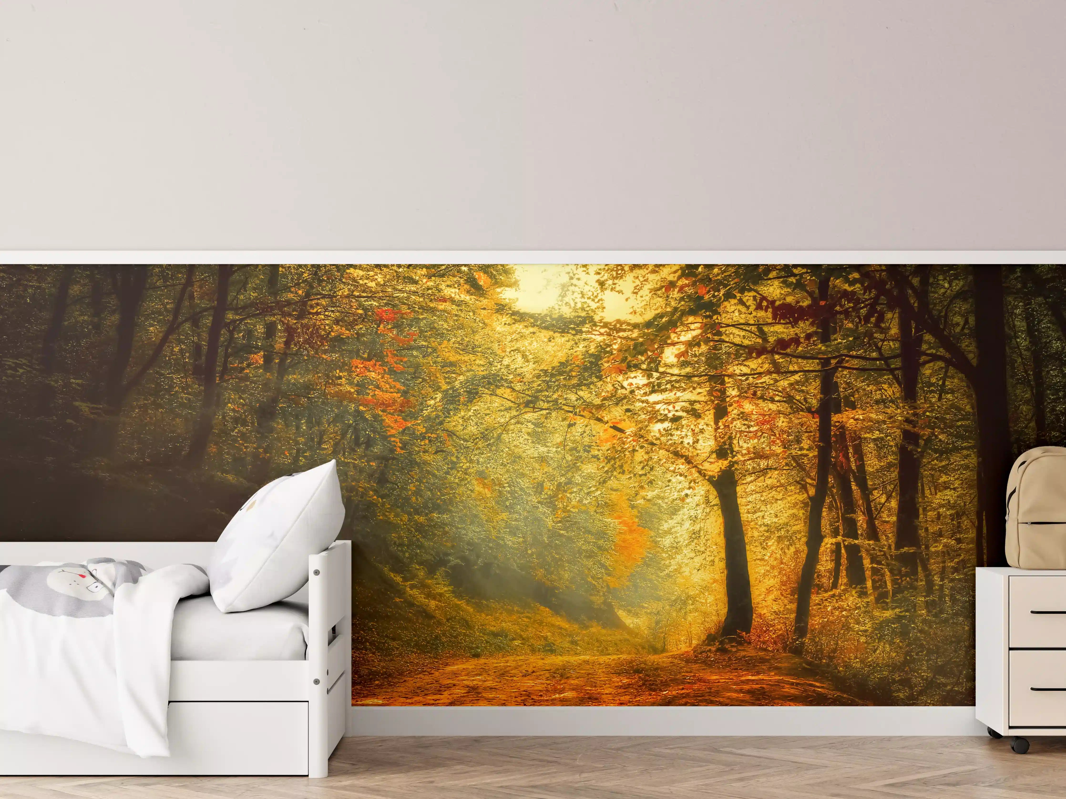 Kinderzimmer Wandgestaltung - Goldener Sonnenuntergang im Herbstwald
