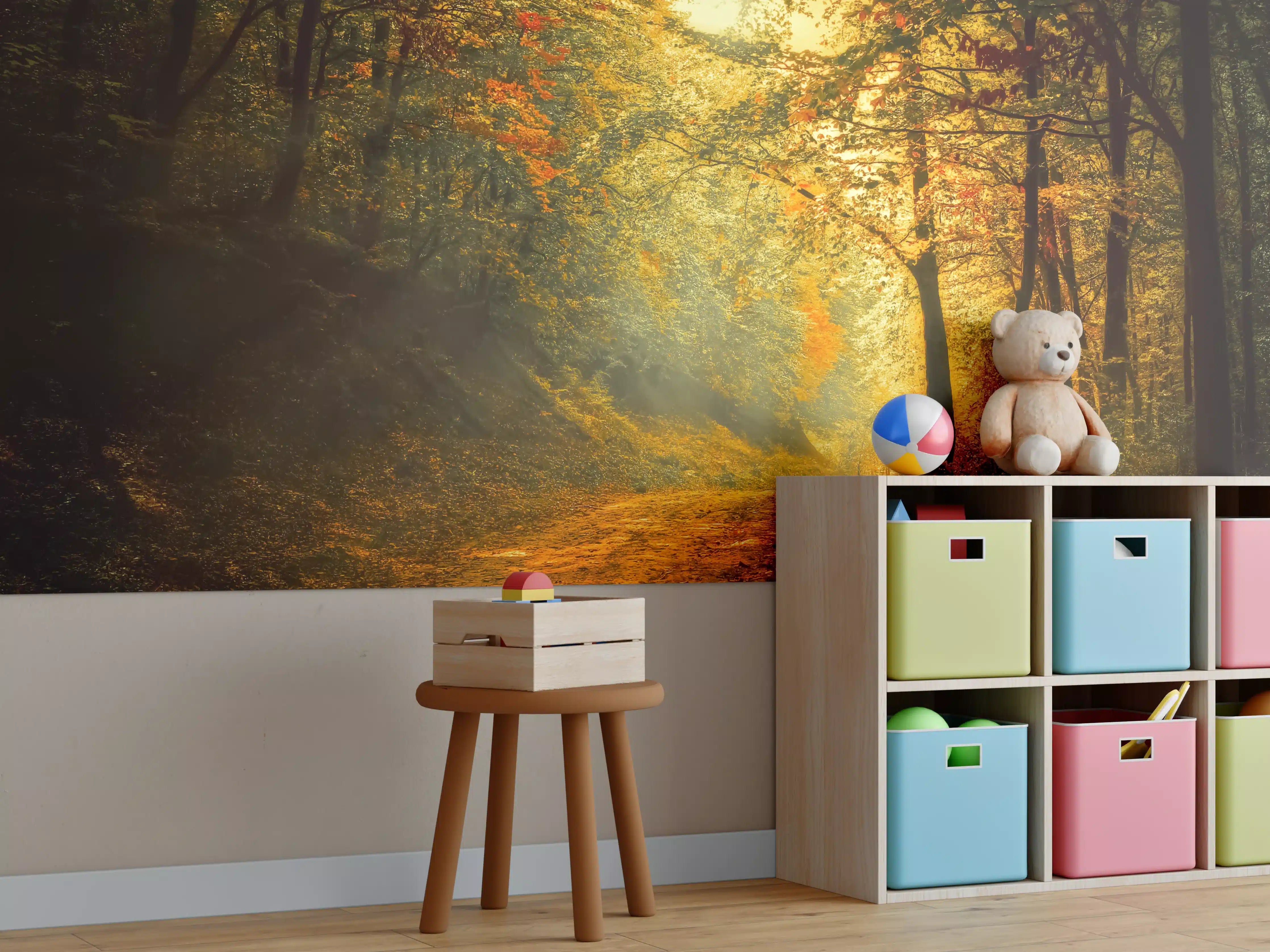Kinderzimmer Wandgestaltung - Goldener Sonnenuntergang im Herbstwald