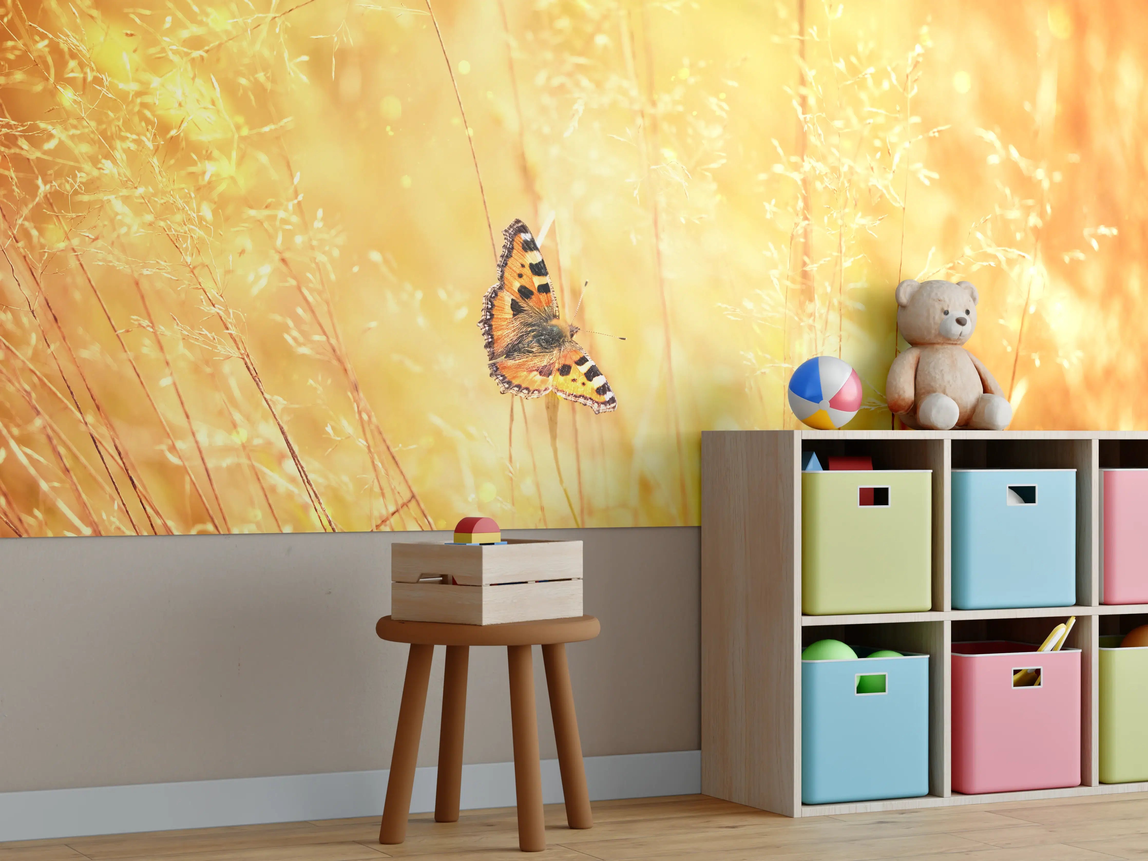 Kinderzimmer Wandgestaltung - Goldener Sonnenuntergang mit Schmetterling
