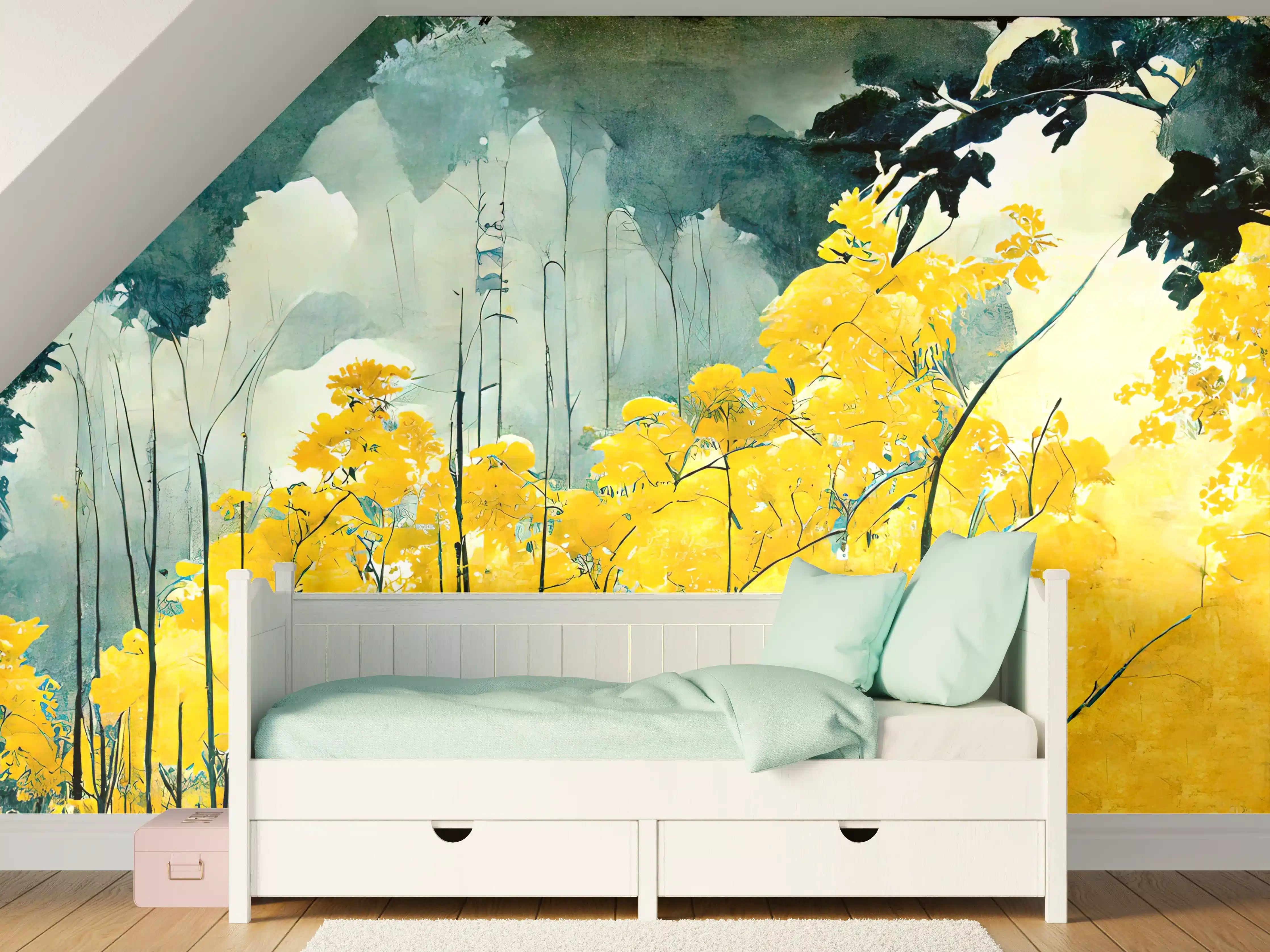 Kinderzimmer Wandgestaltung - Goldenes Herbstlaub in Waldlandschaft