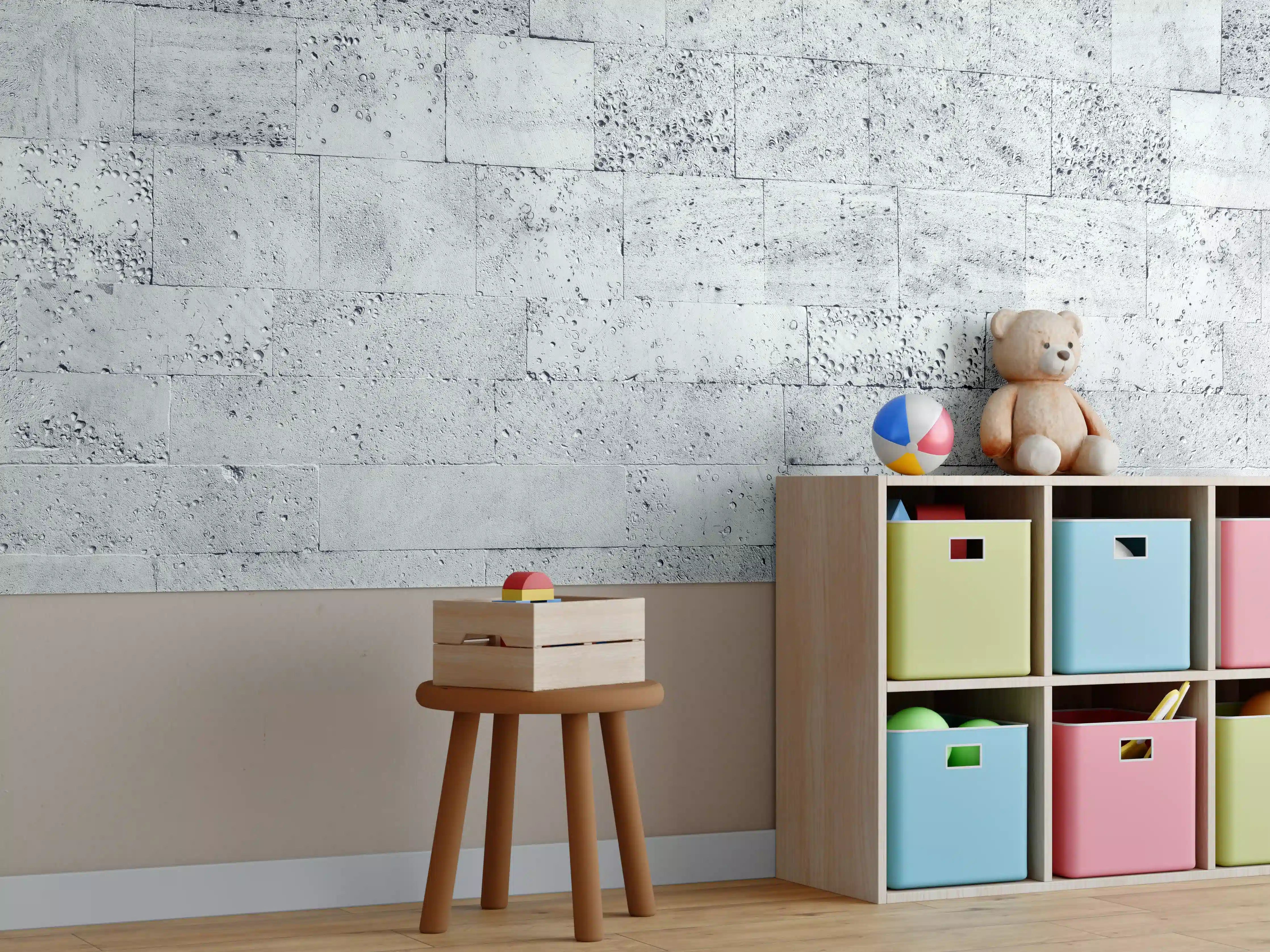 Kinderzimmer Wandgestaltung - Gräuliche Tuffstein-Blockwand