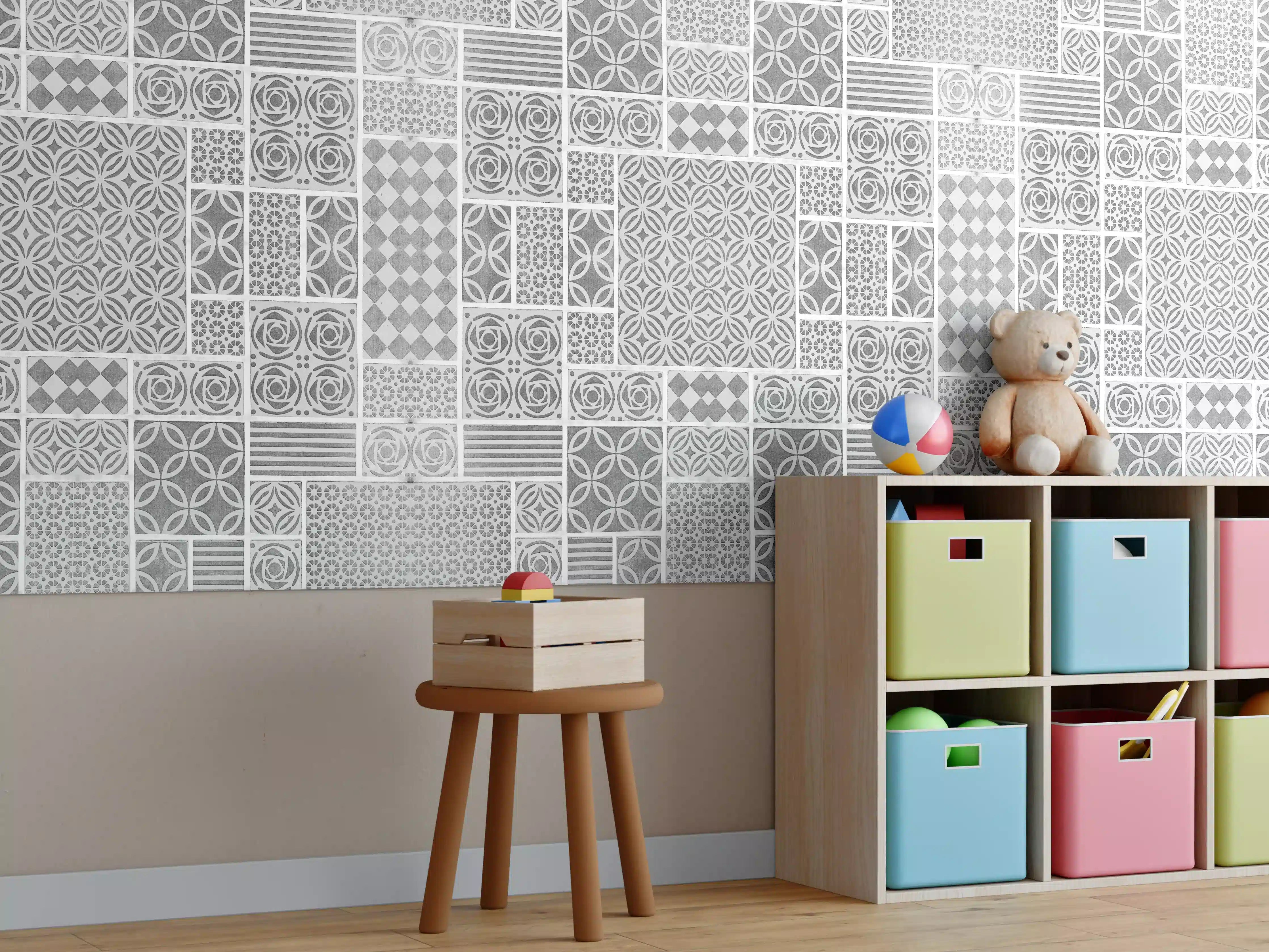 Kinderzimmer Wandgestaltung - Gräuliche geometrische Fliesen