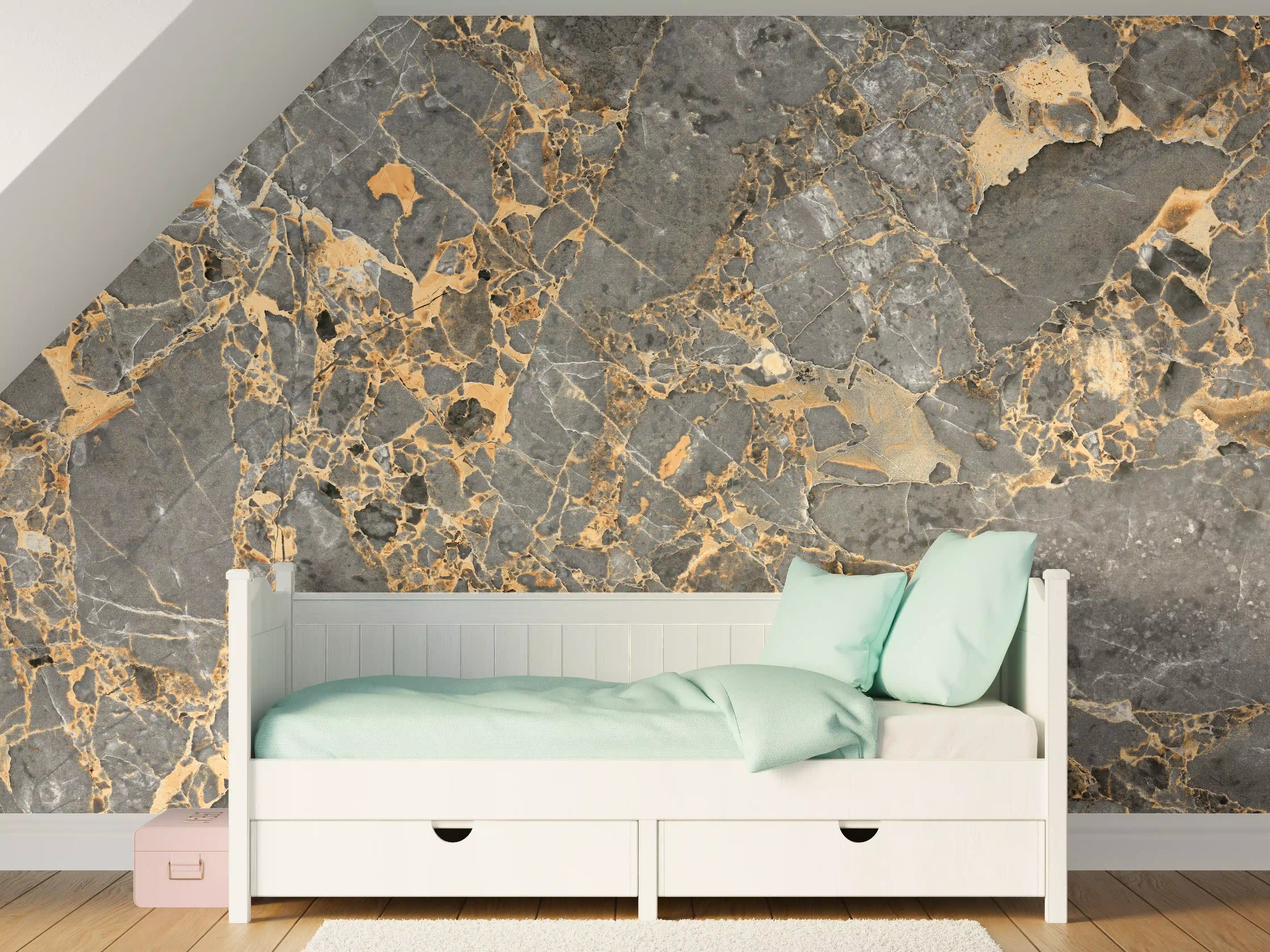 Kinderzimmer Wandgestaltung - Gräulicher Marmor mit goldenen Adern