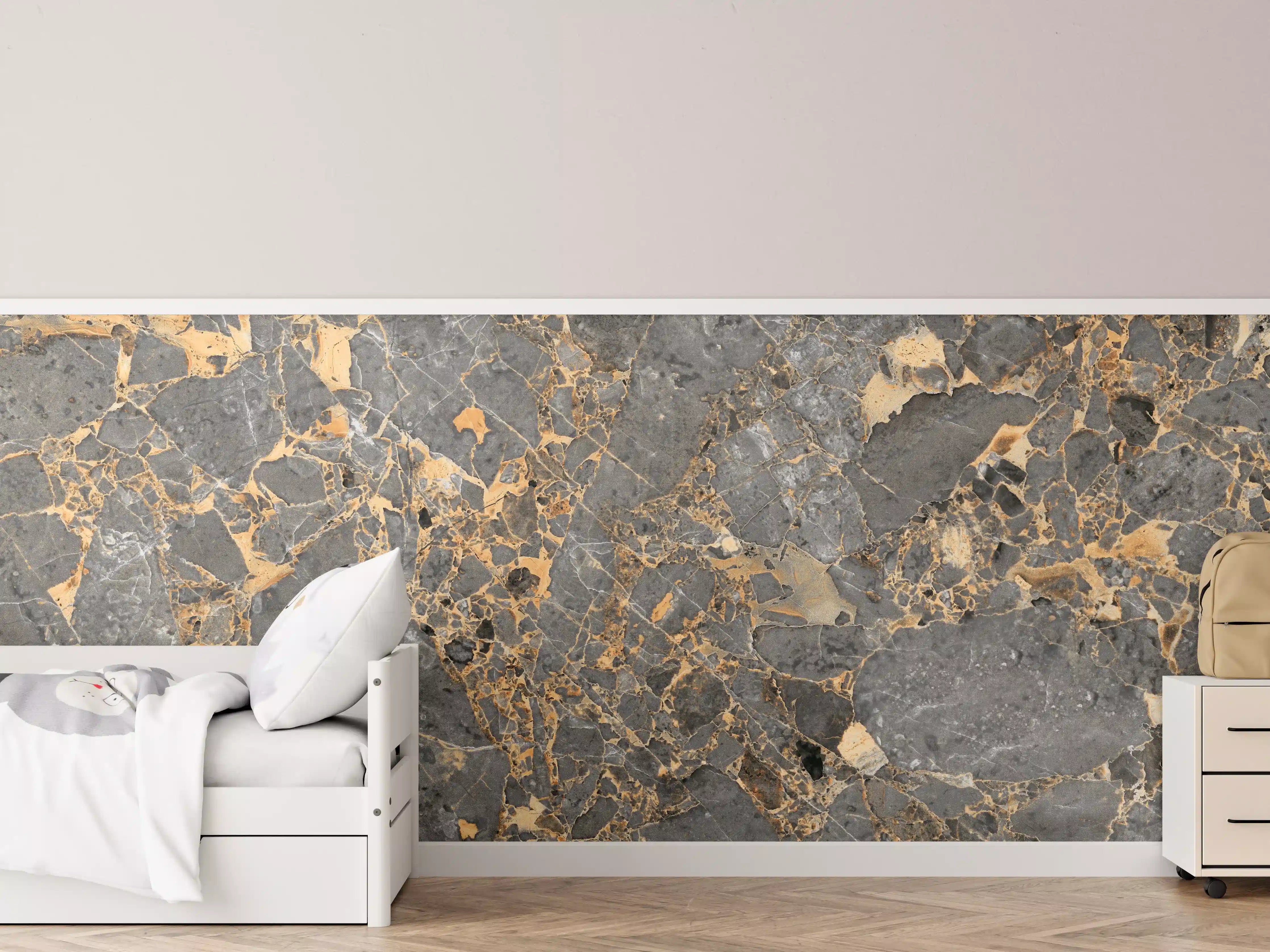 Kinderzimmer Wandgestaltung - Gräulicher Marmor mit goldenen Adern
