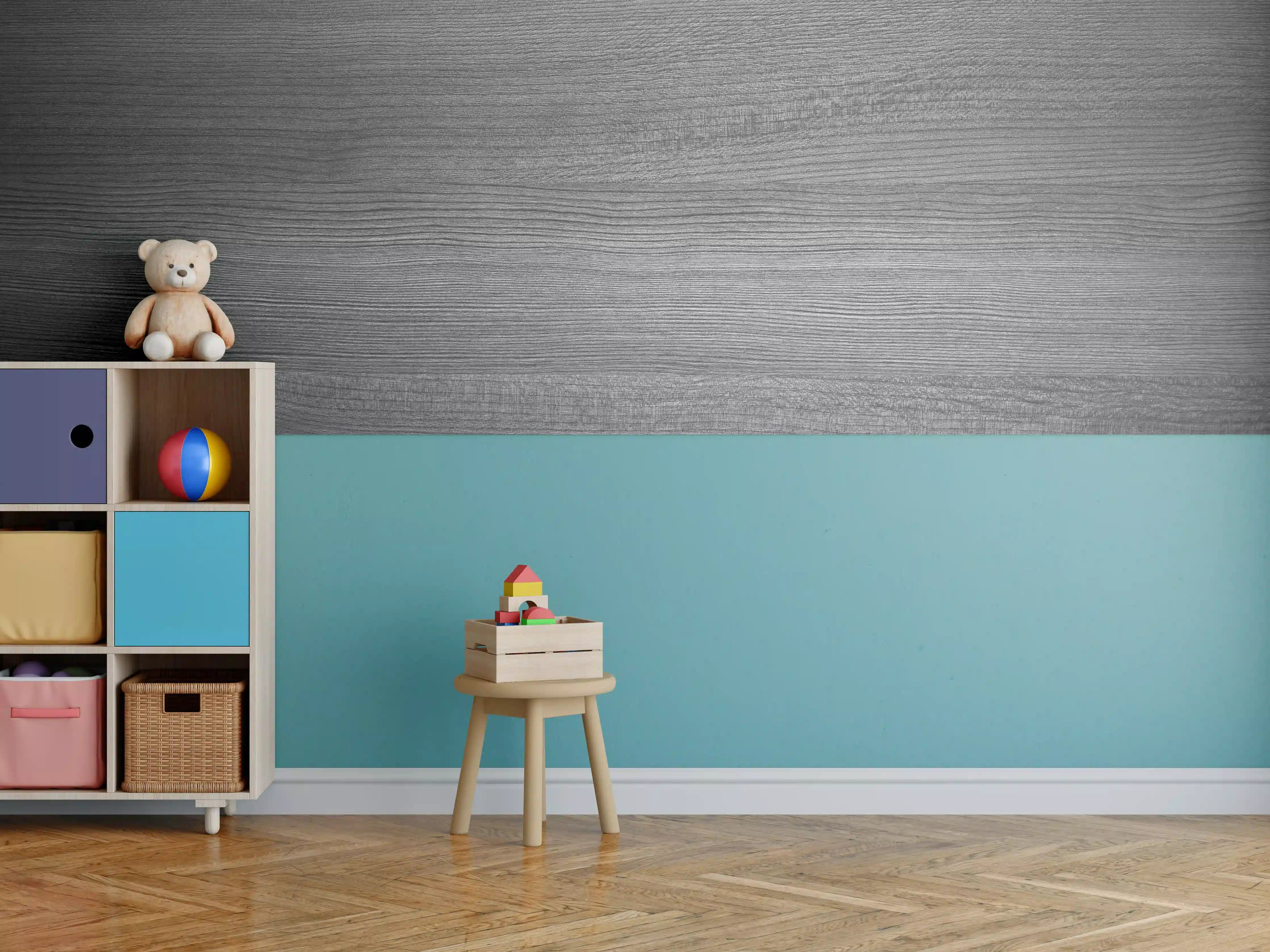 Kinderzimmer Wandgestaltung - Grafische Holzmaserung in Grau