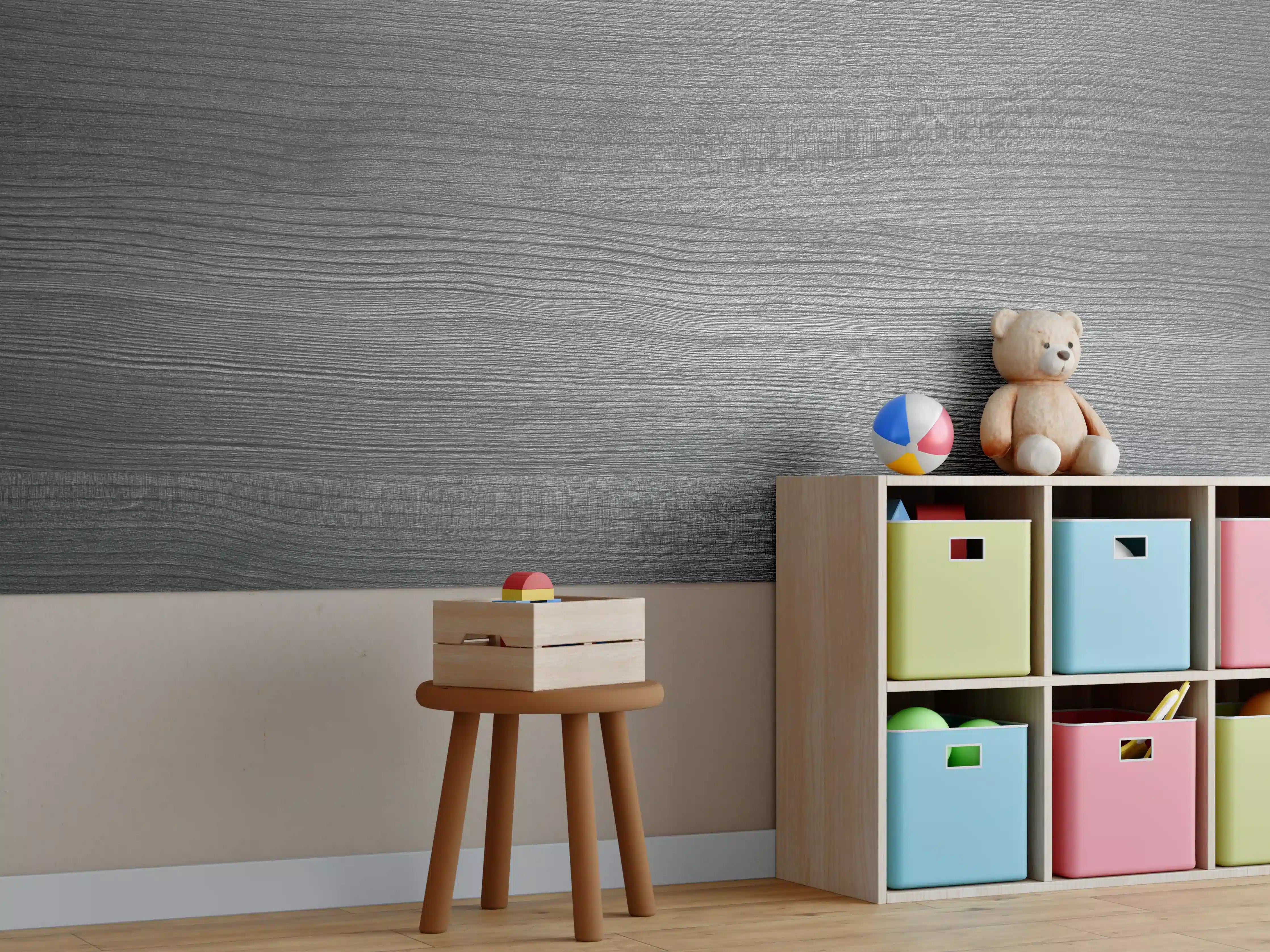 Kinderzimmer Wandgestaltung - Grafische Holzmaserung in Grau