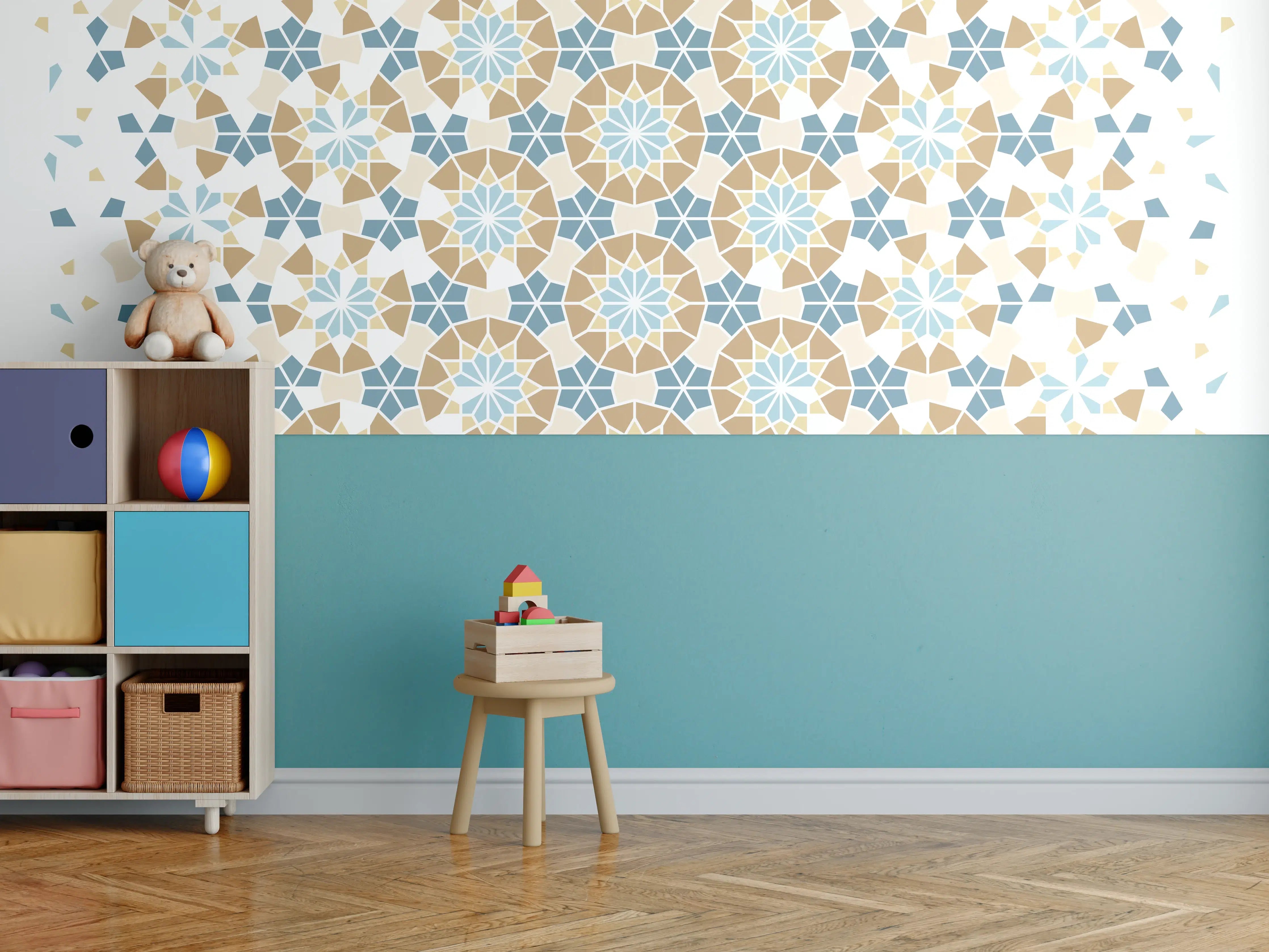 Kinderzimmer Wandgestaltung - Grafisches Blau Beige Muster