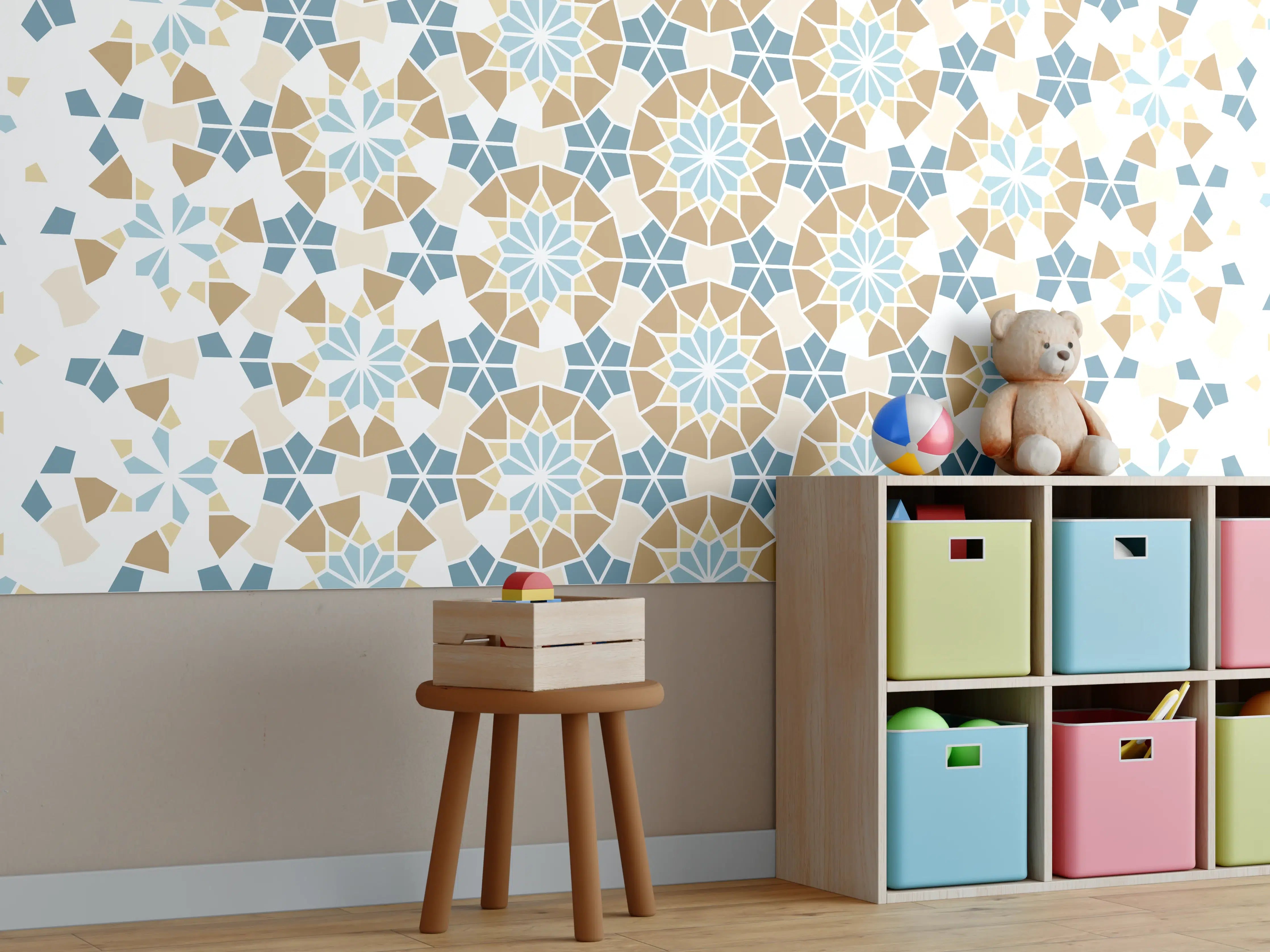 Kinderzimmer Wandgestaltung - Grafisches Blau Beige Muster