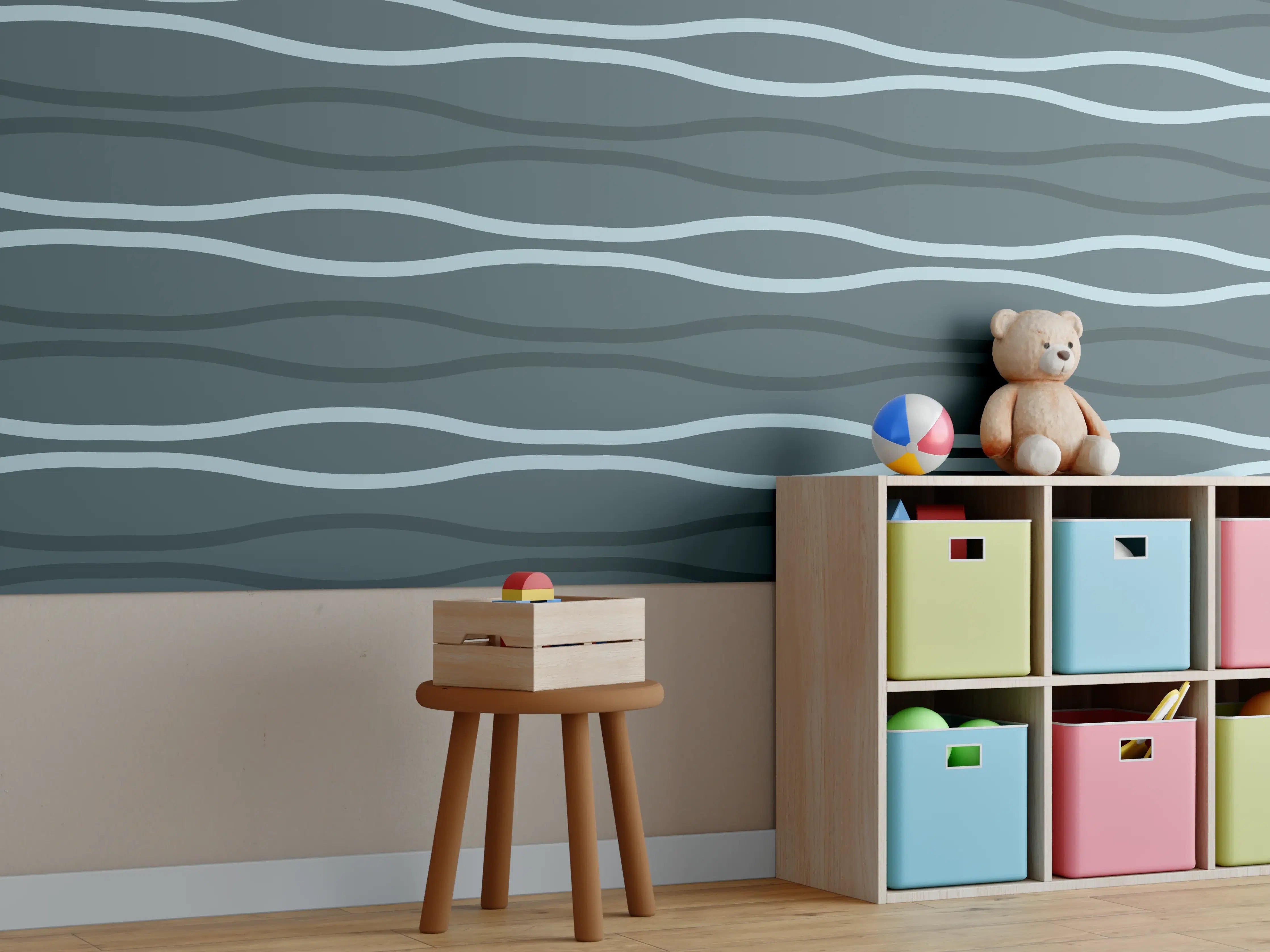 Kinderzimmer Wandgestaltung - Grau-Blauer Wellen Hintergrund