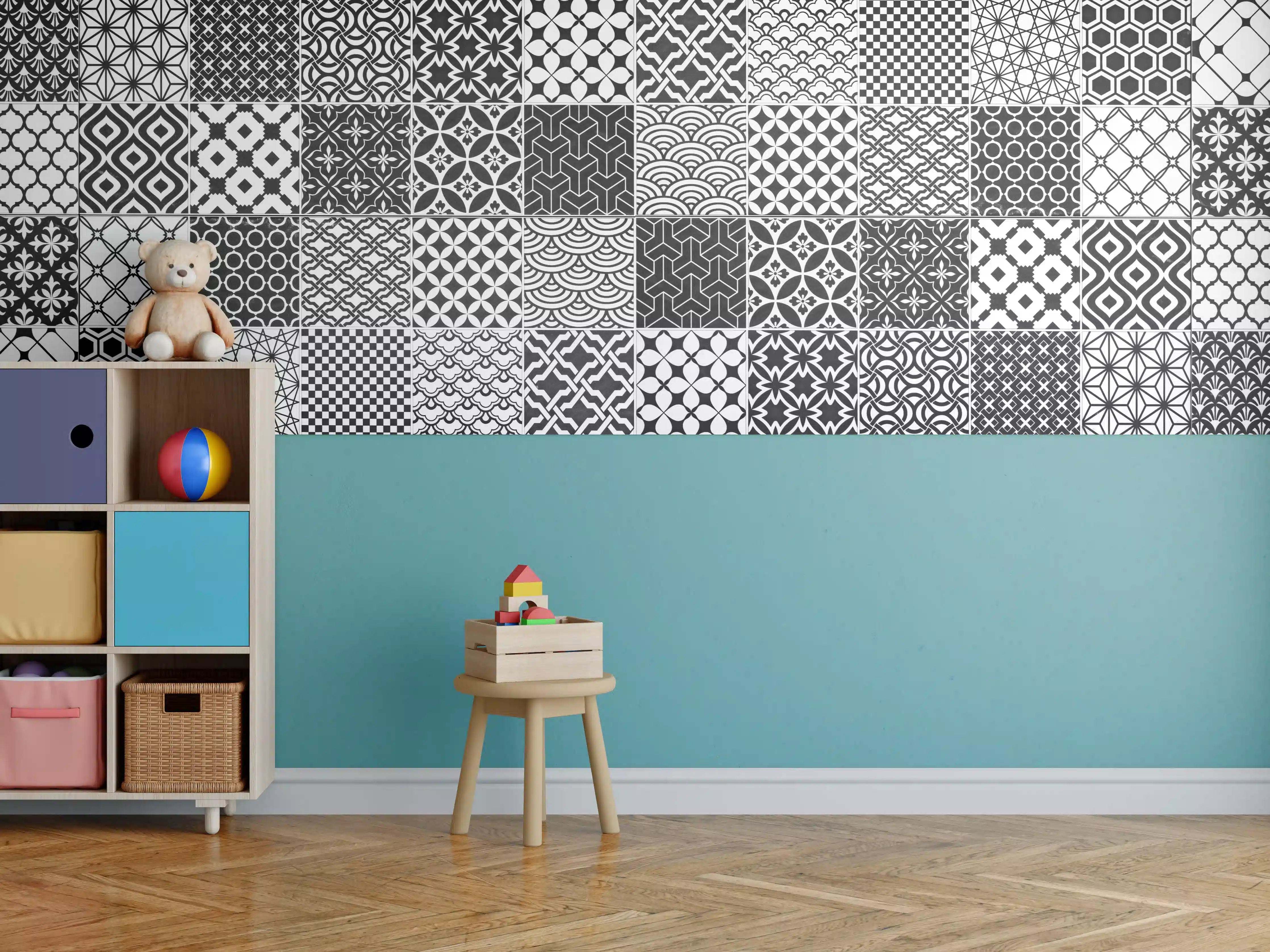 Kinderzimmer Wandgestaltung - Grau-Weiß geometrisch Mosaik