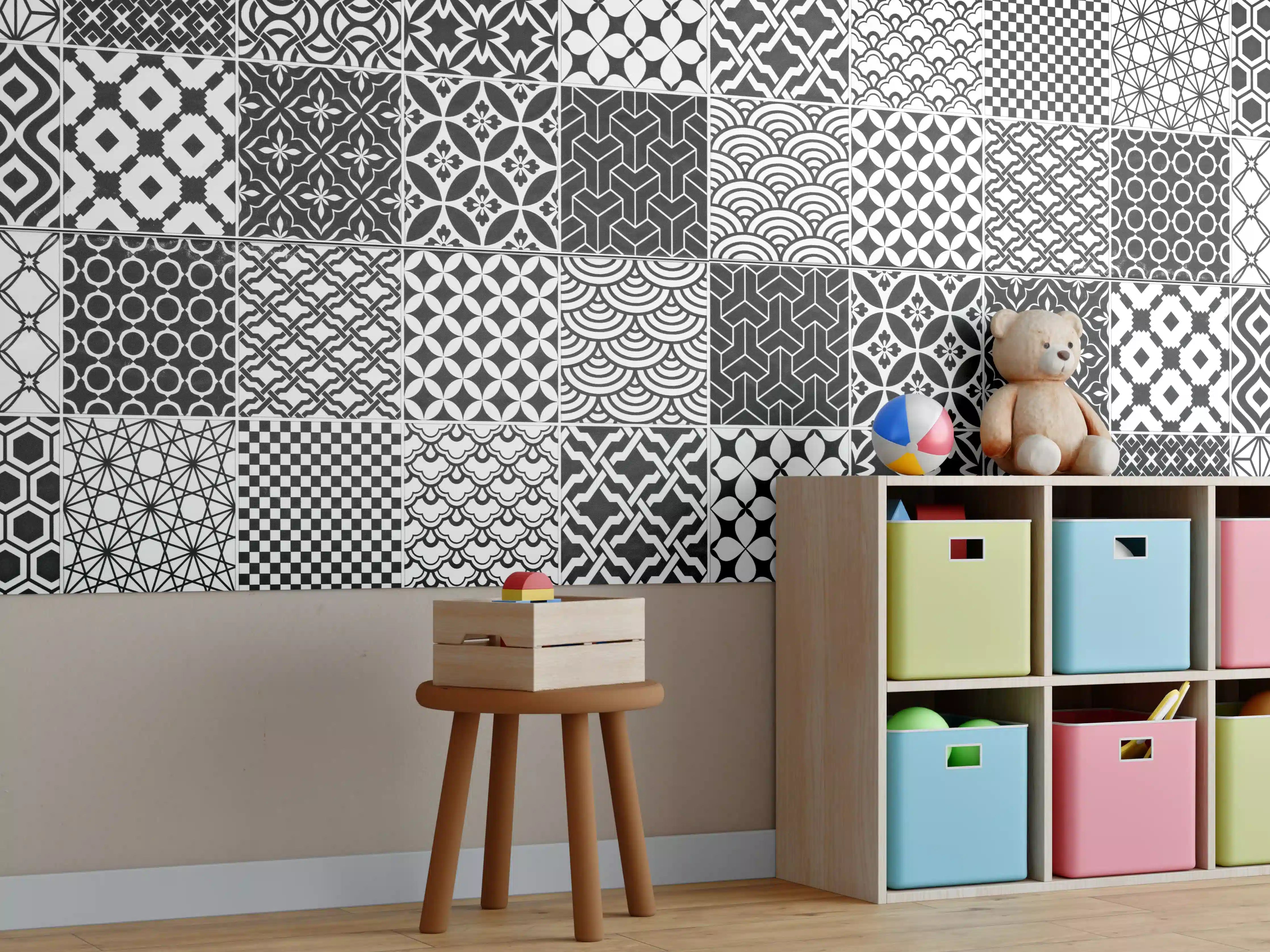 Kinderzimmer Wandgestaltung - Grau-Weiß geometrisch Mosaik