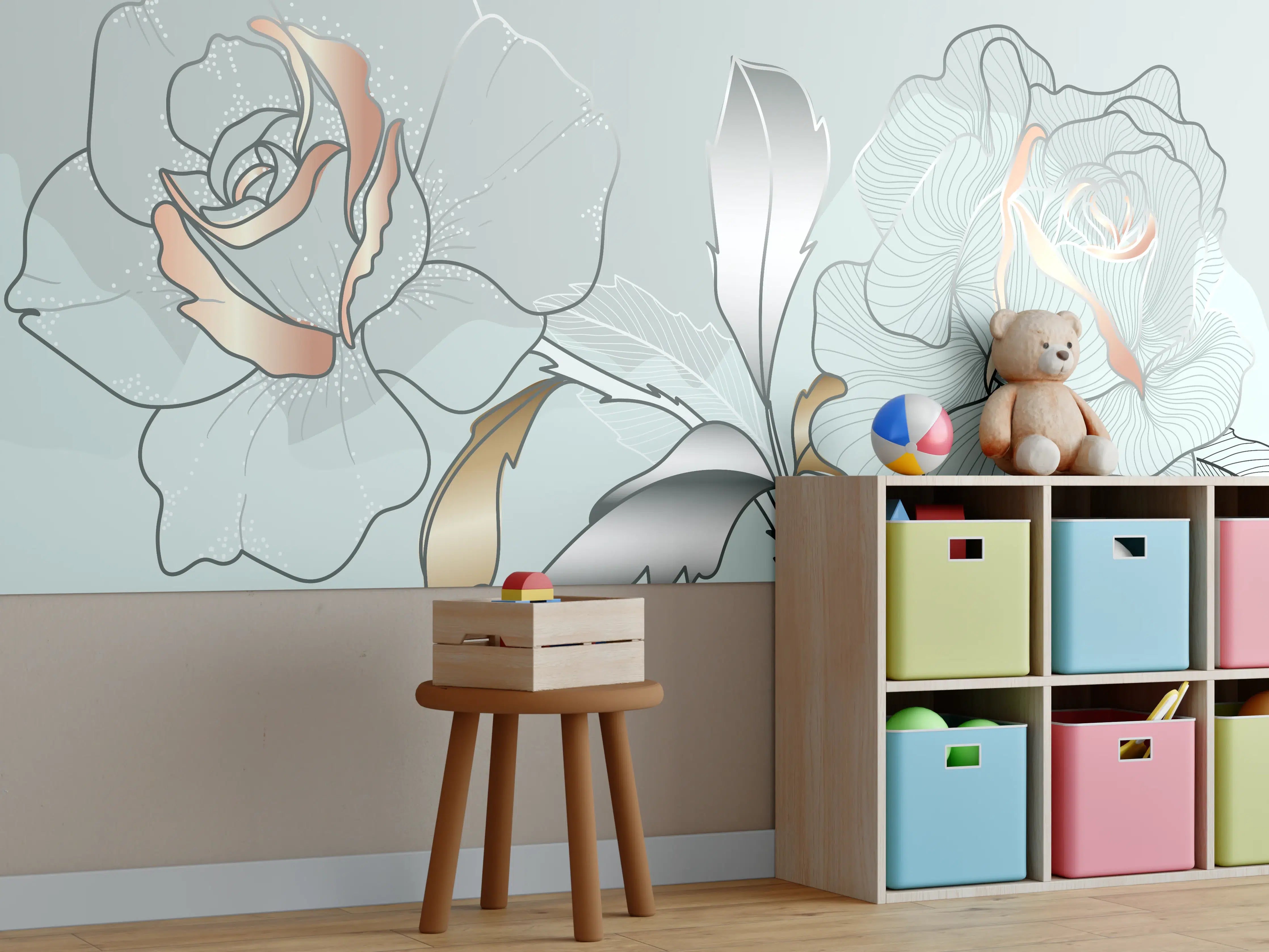 Kinderzimmer Wandgestaltung - Grau-Weiße Blumenillustration