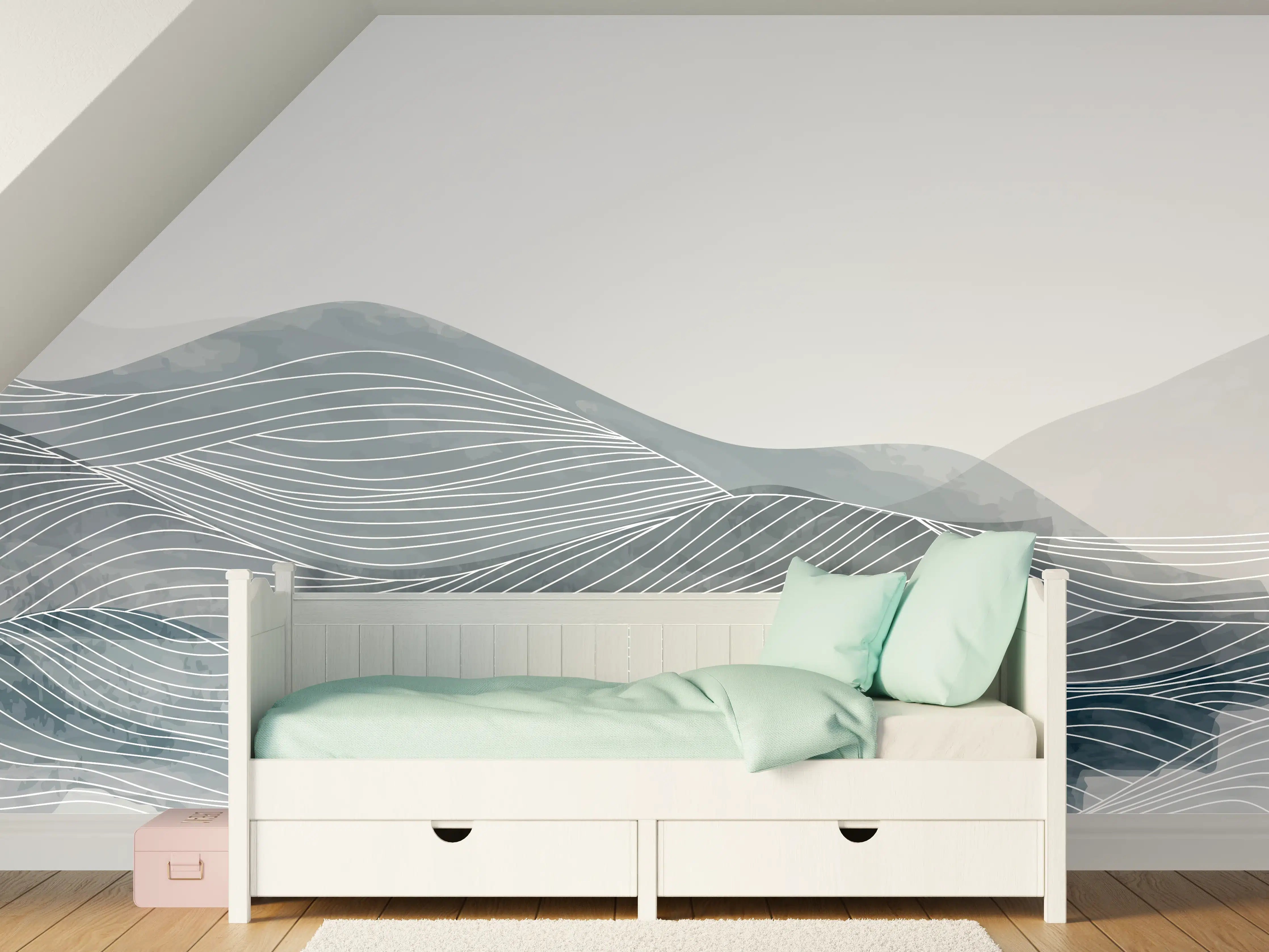 Kinderzimmer Wandgestaltung - Grau-Weiße Wellenlinien Kunst