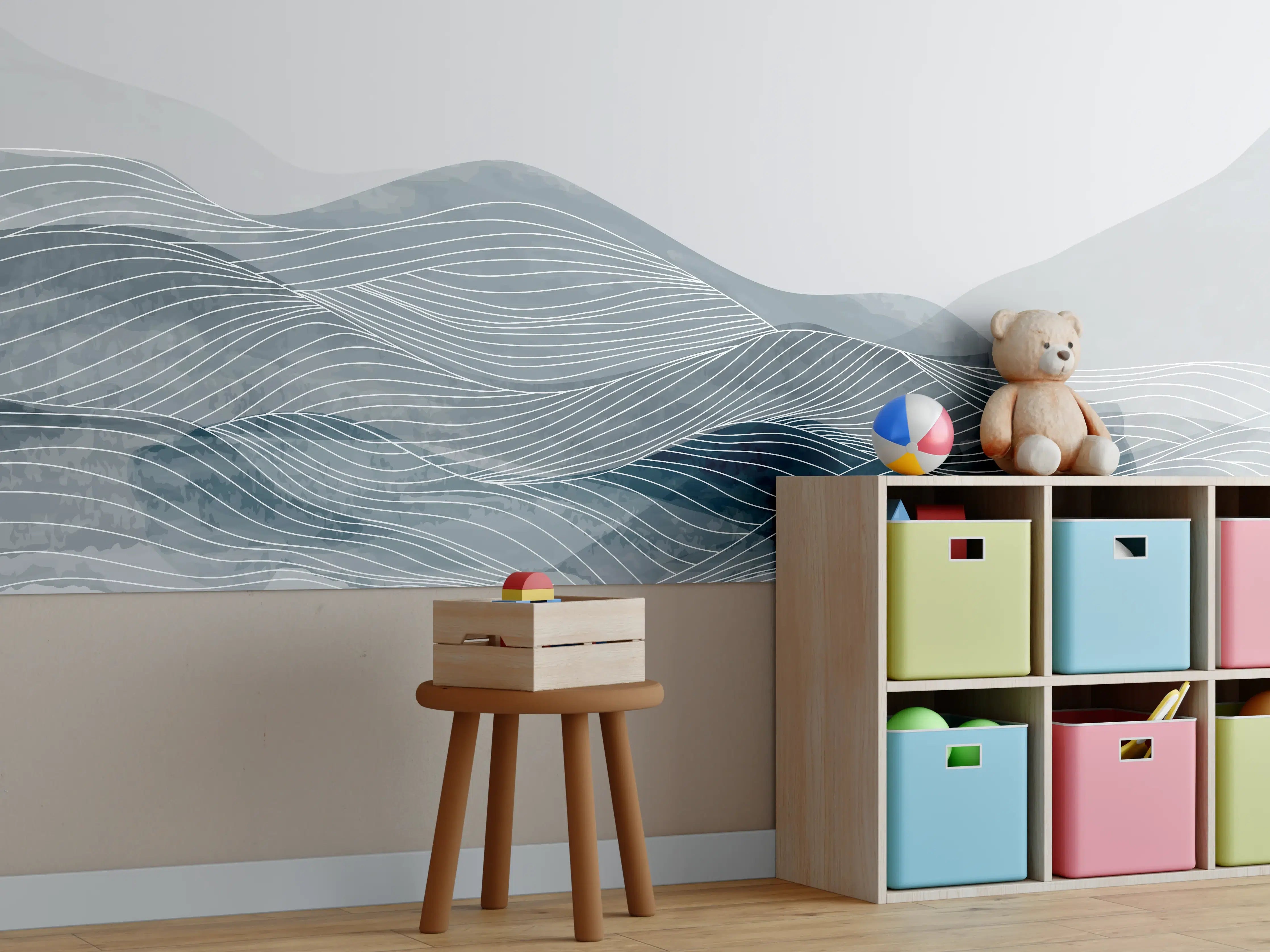 Kinderzimmer Wandgestaltung - Grau-Weiße Wellenlinien Kunst