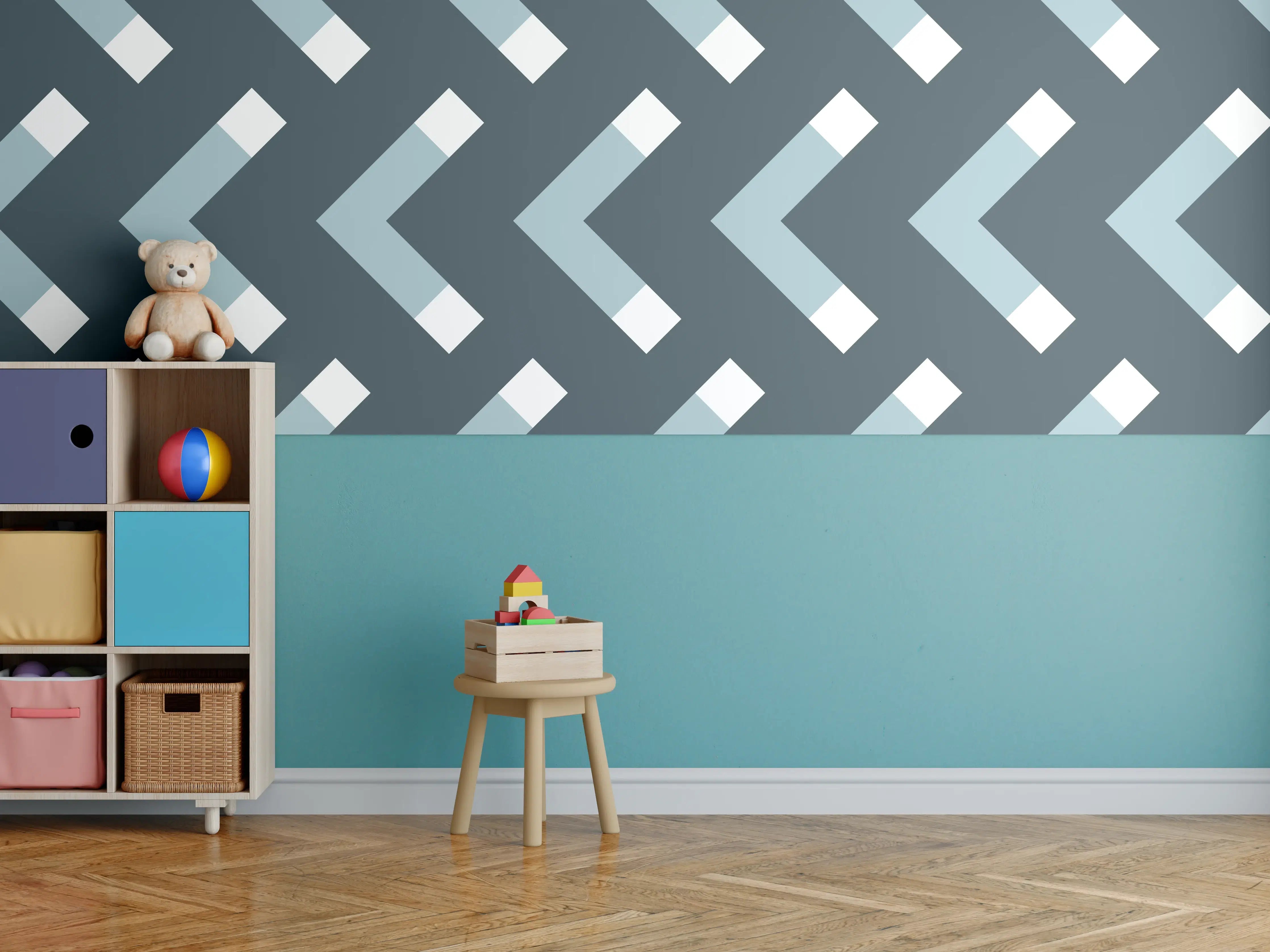 Kinderzimmer Wandgestaltung - Grau-Weißes Chevron Muster