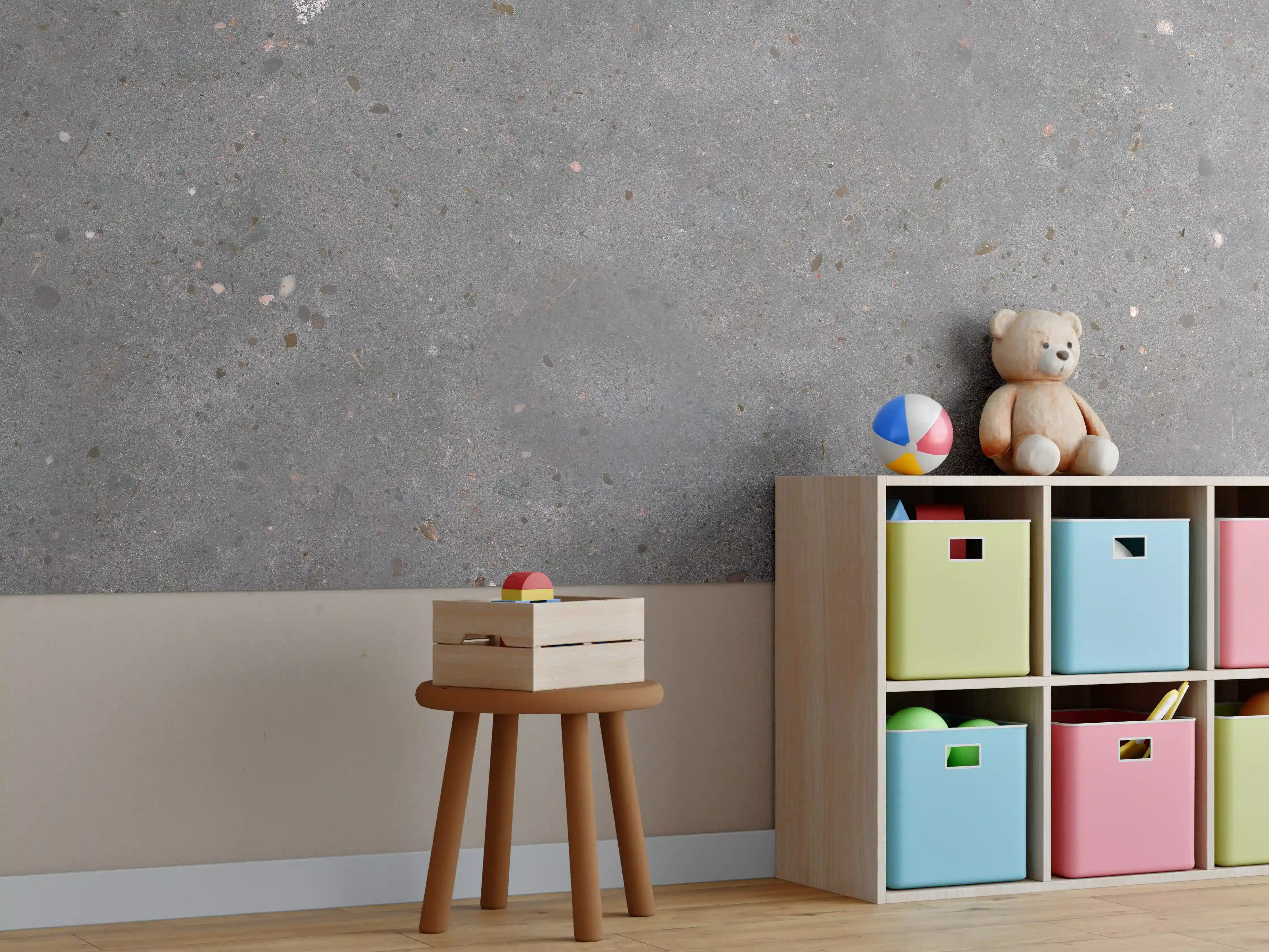 Kinderzimmer Wandgestaltung - Grau-bunter Terrazzoboden