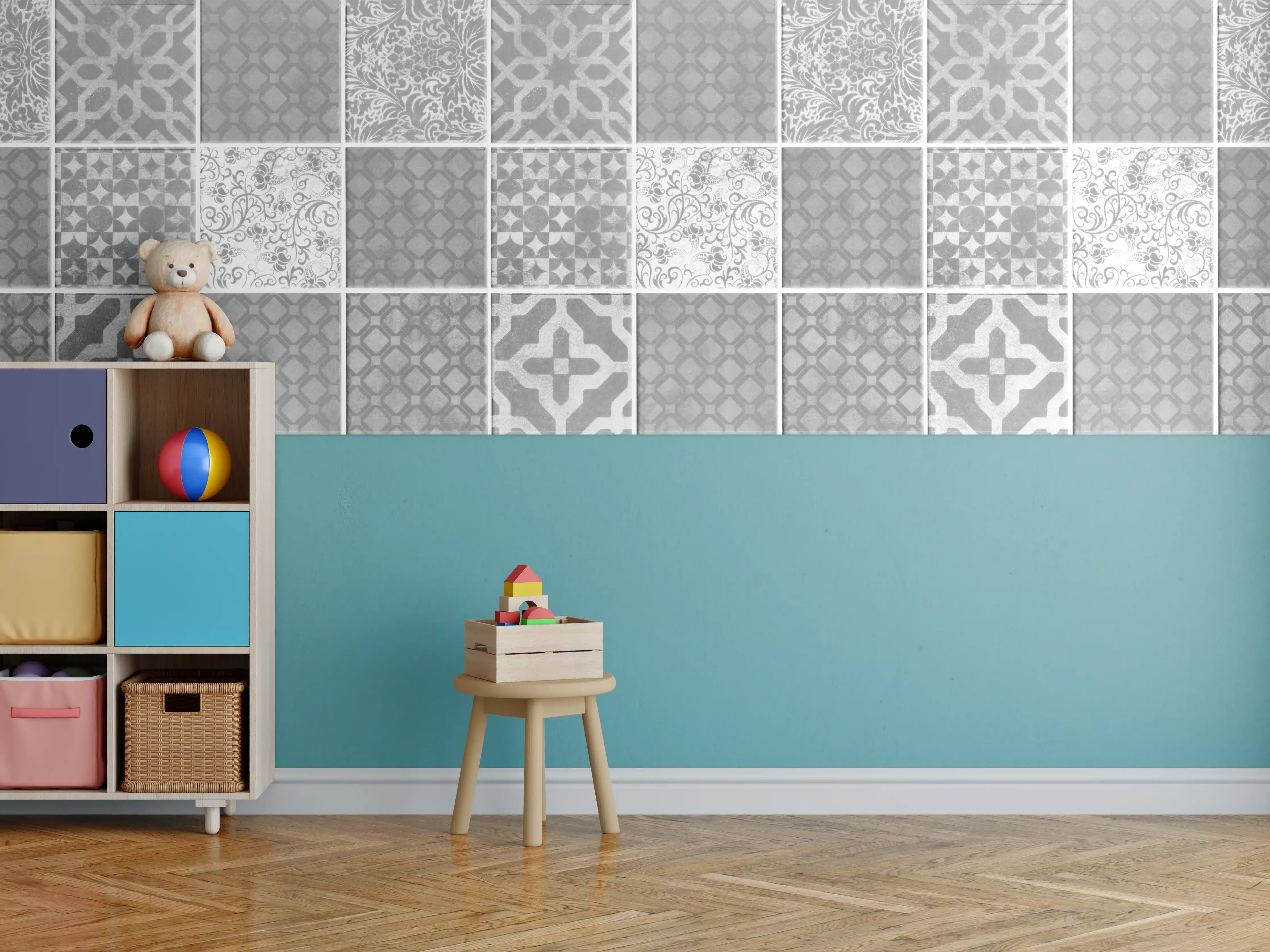 Kinderzimmer Wandgestaltung - Grau weiße Vintage Mosaik Textur