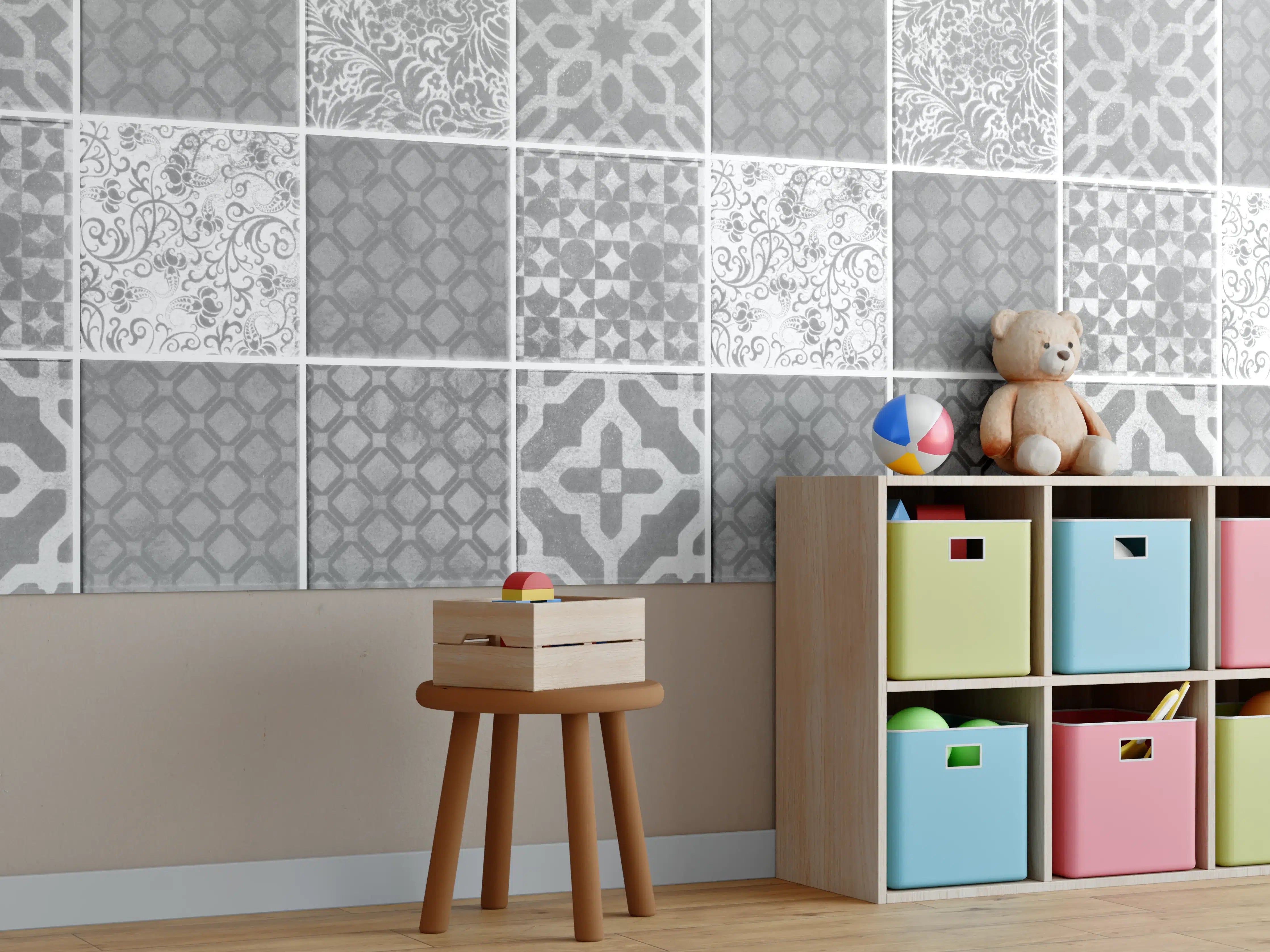 Kinderzimmer Wandgestaltung - Grau weiße Vintage Mosaik Textur