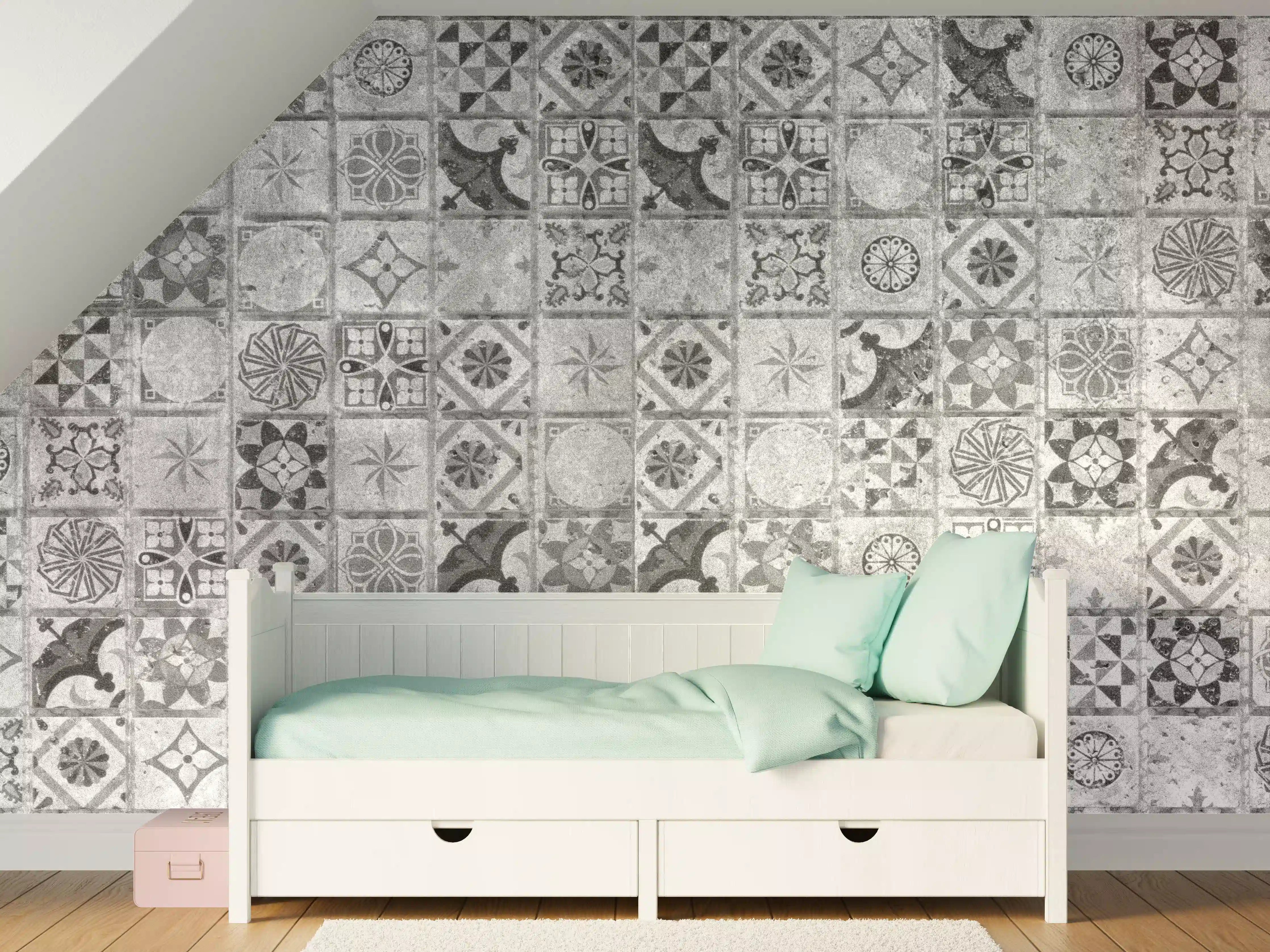 Kinderzimmer Wandgestaltung - Graue Fliesen im Vintage Stil mit Muster
