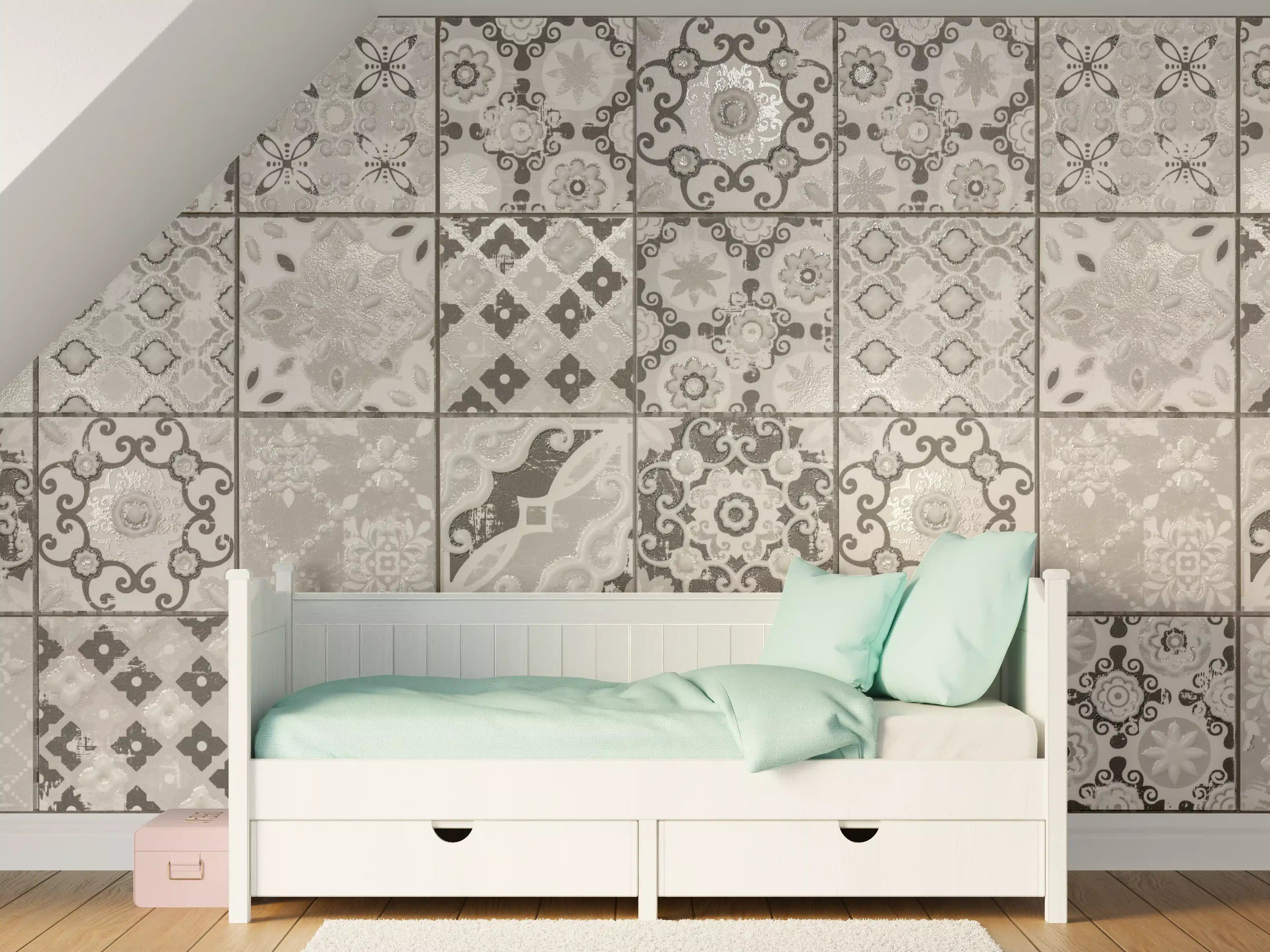 Kinderzimmer Wandgestaltung - Graue Fliesenmuster