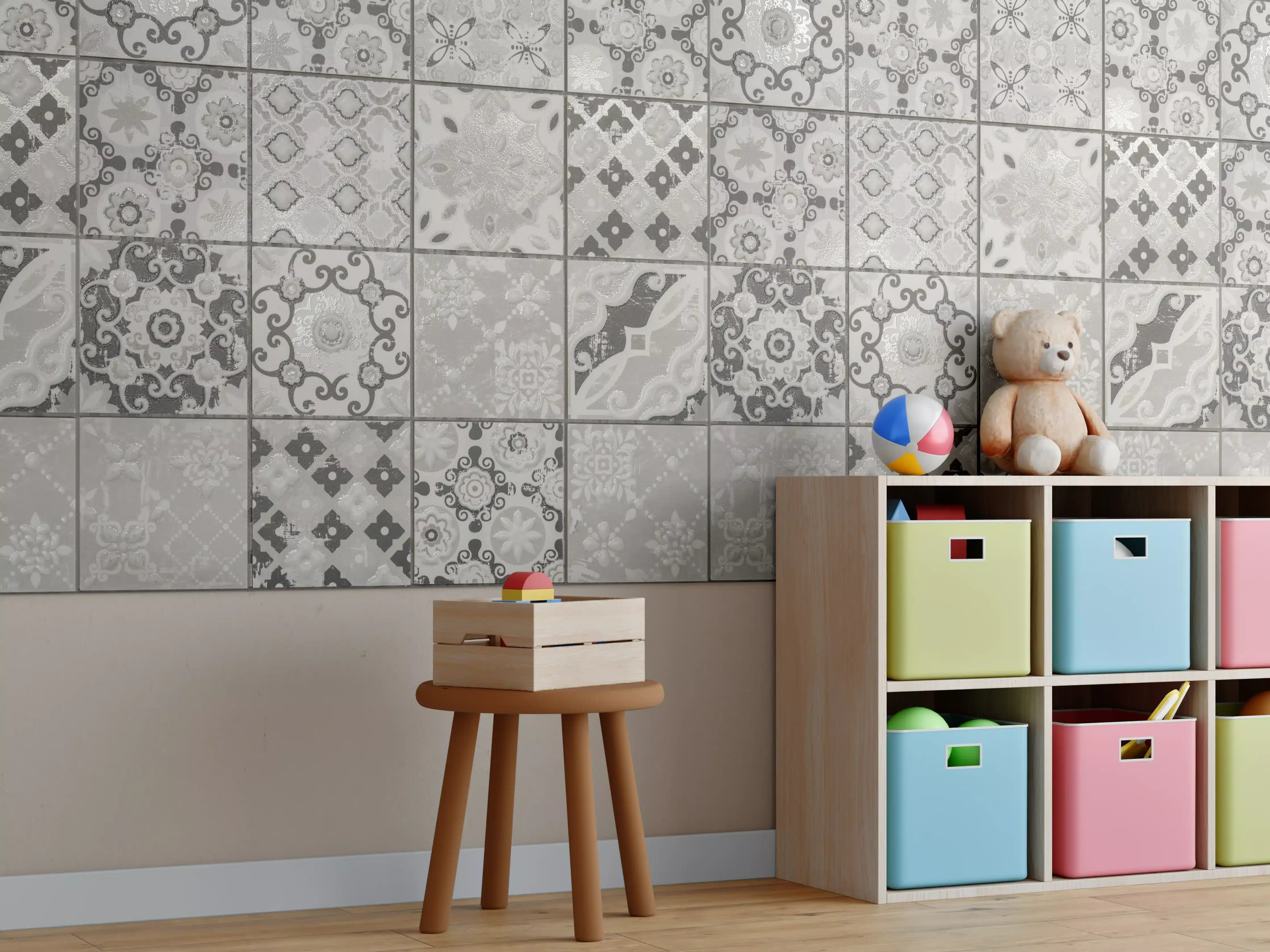 Kinderzimmer Wandgestaltung - Graue Fliesenmuster