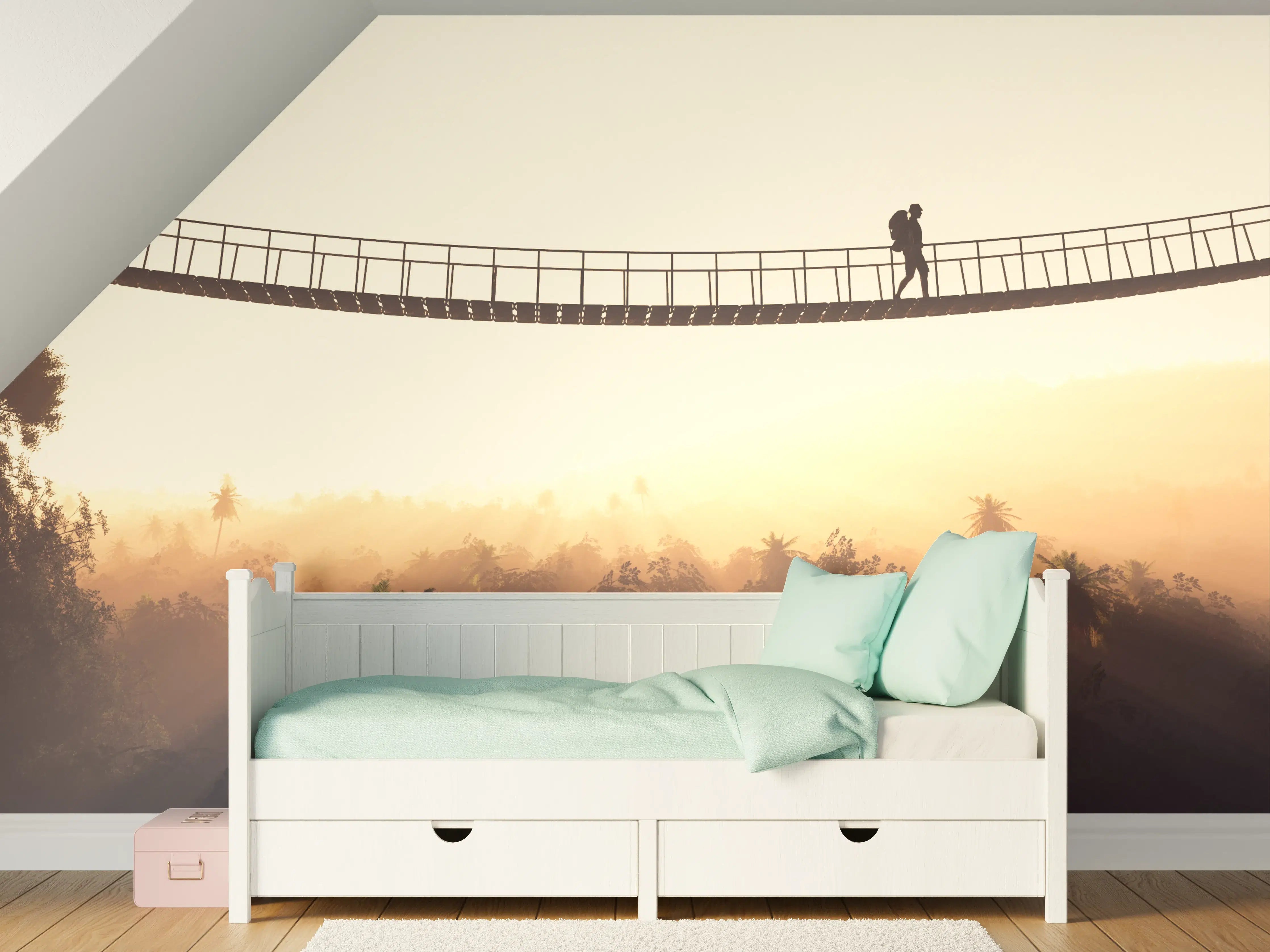 Kinderzimmer Wandgestaltung - Graue Hängebrücke im Morgenlicht