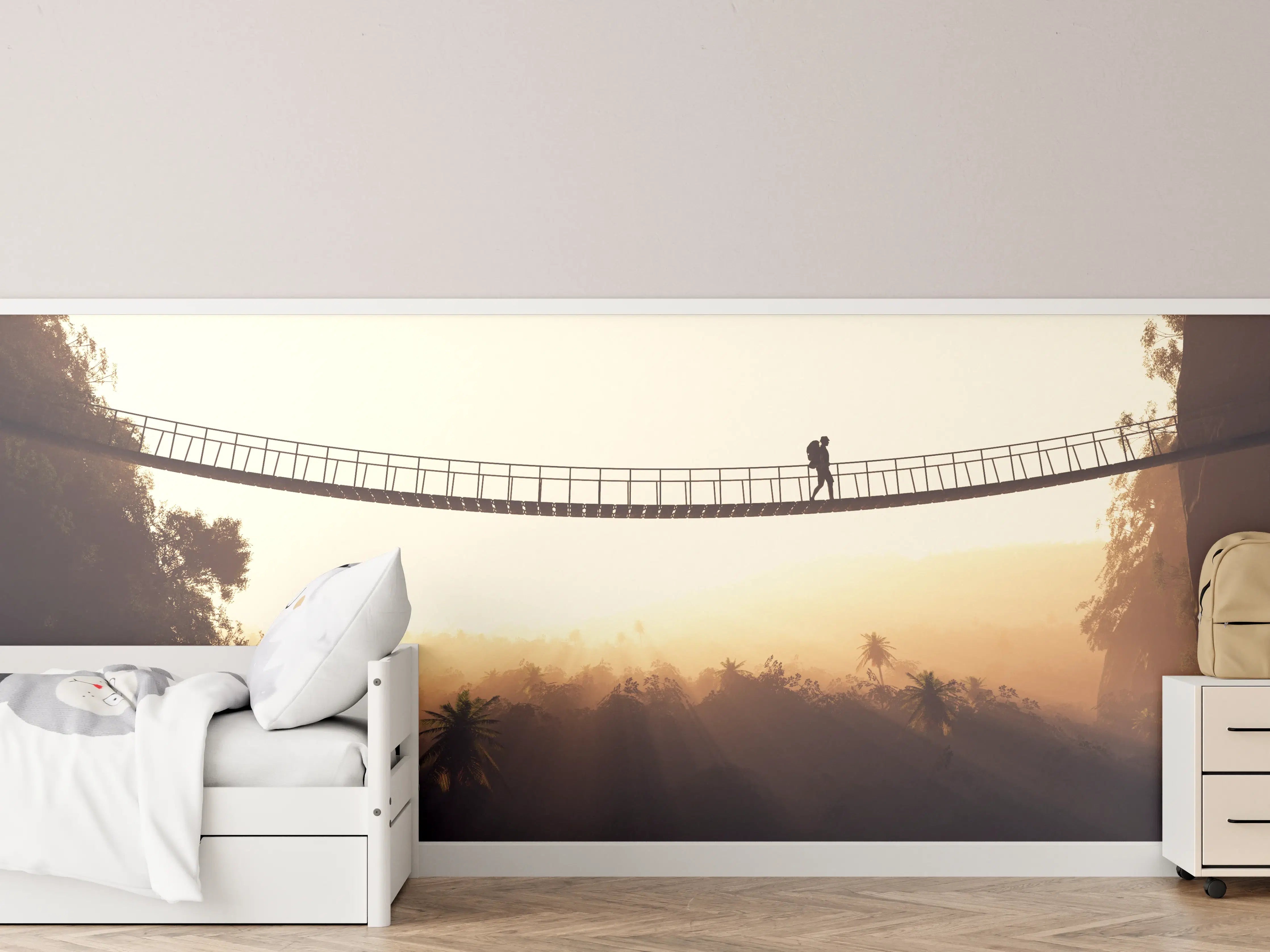 Kinderzimmer Wandgestaltung - Graue Hängebrücke im Morgenlicht