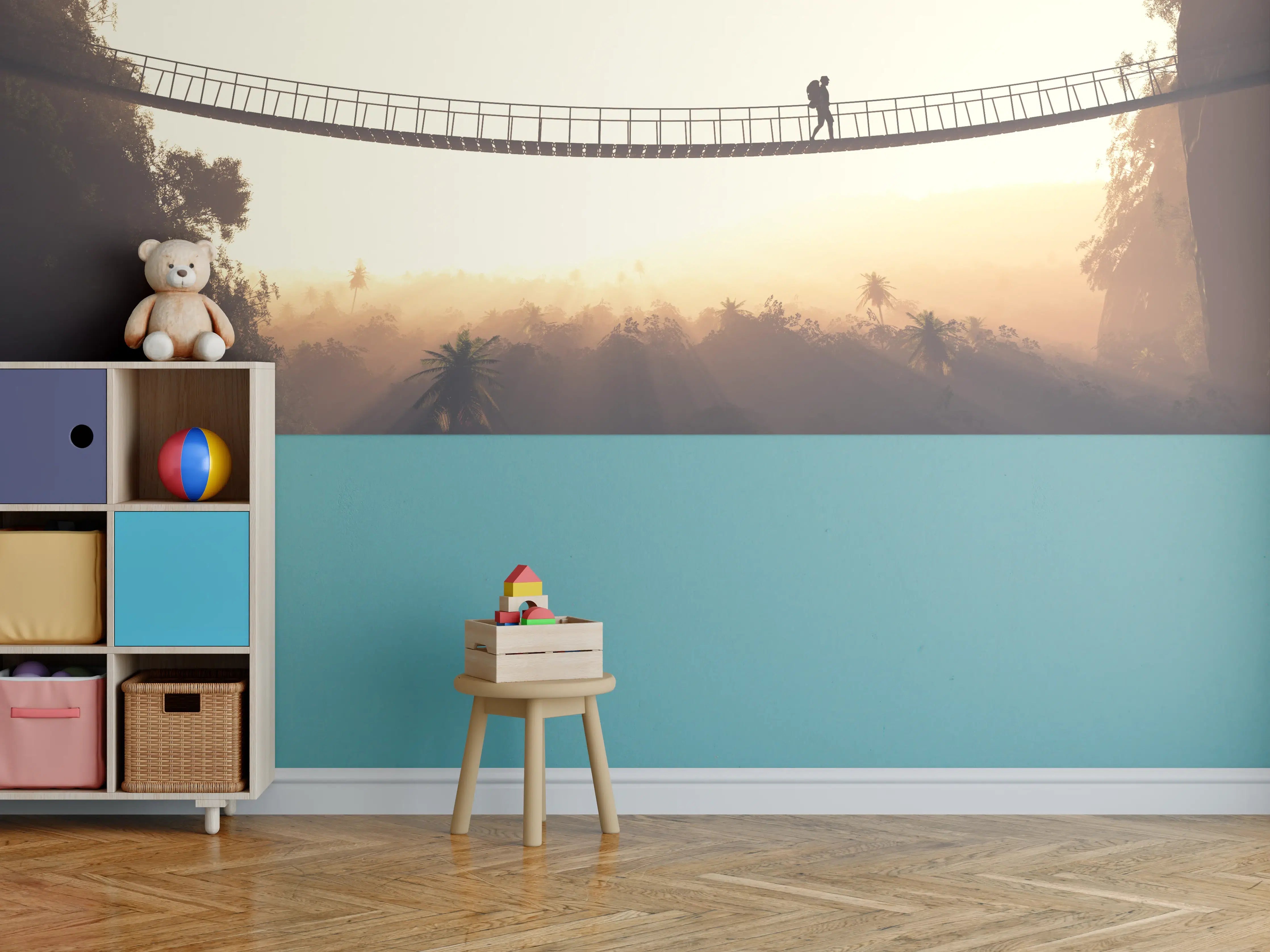 Kinderzimmer Wandgestaltung - Graue Hängebrücke im Morgenlicht