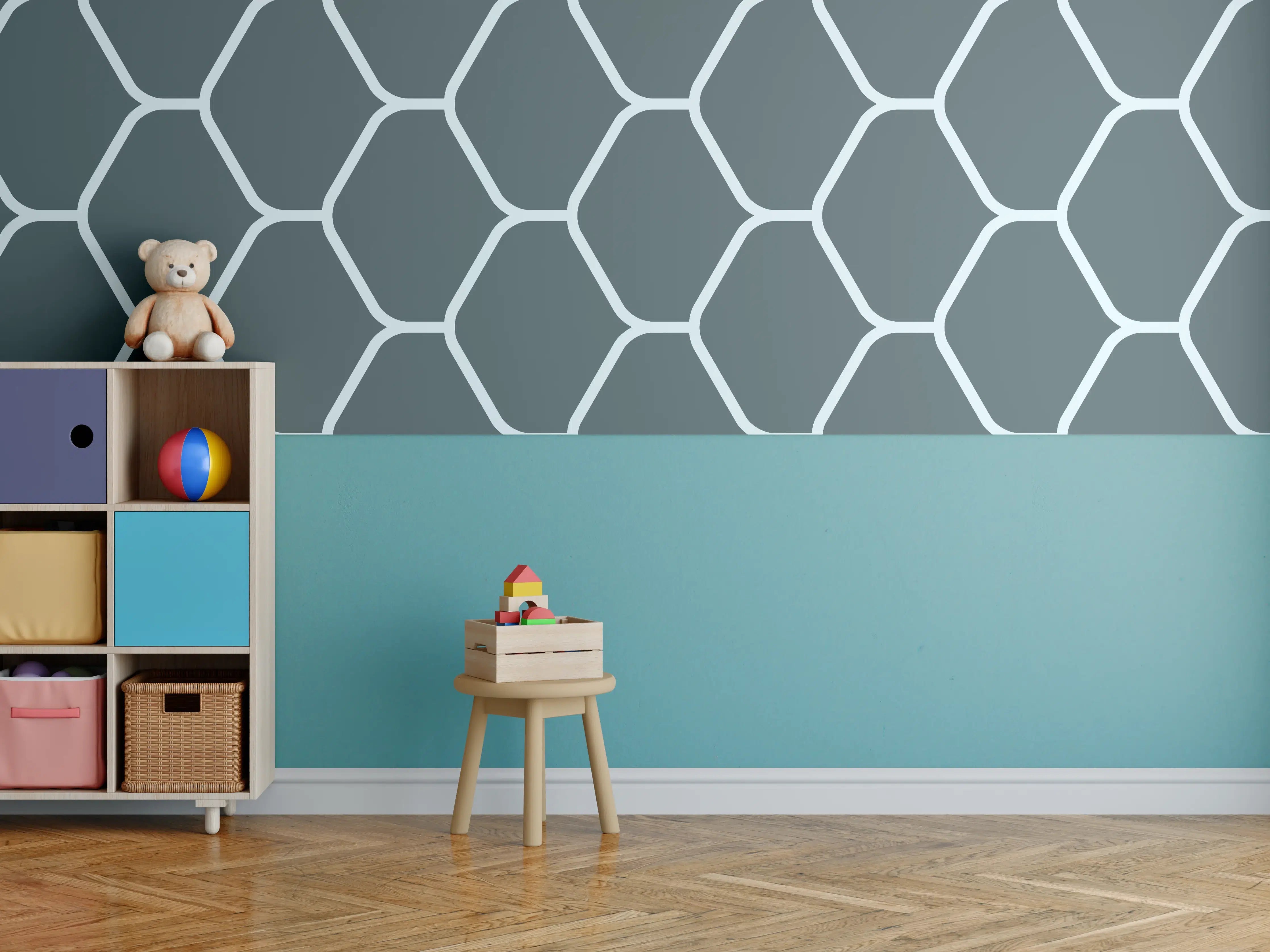 Kinderzimmer Wandgestaltung - Graue Hexagon-Muster Tapete