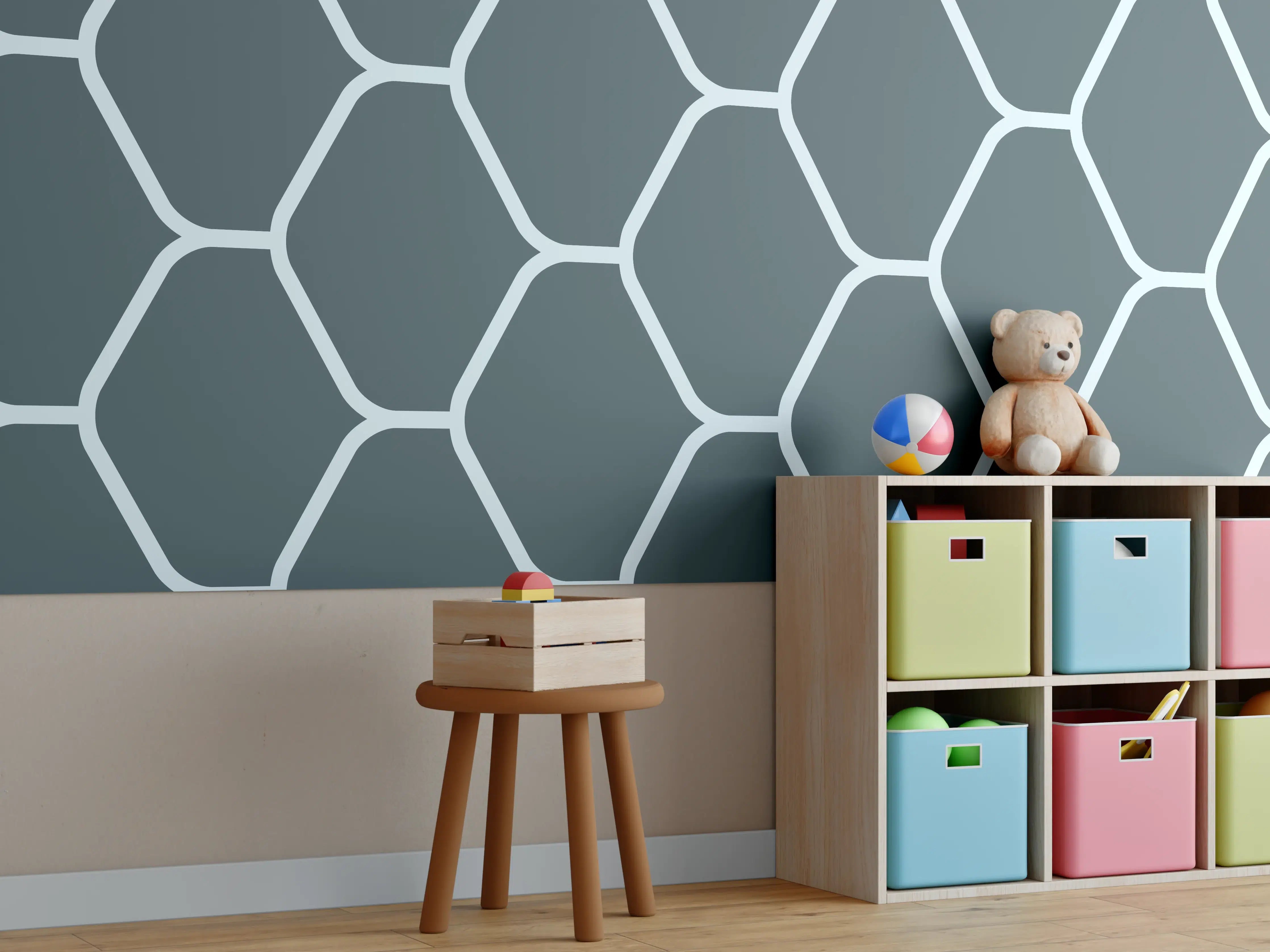 Kinderzimmer Wandgestaltung - Graue Hexagon-Muster Tapete