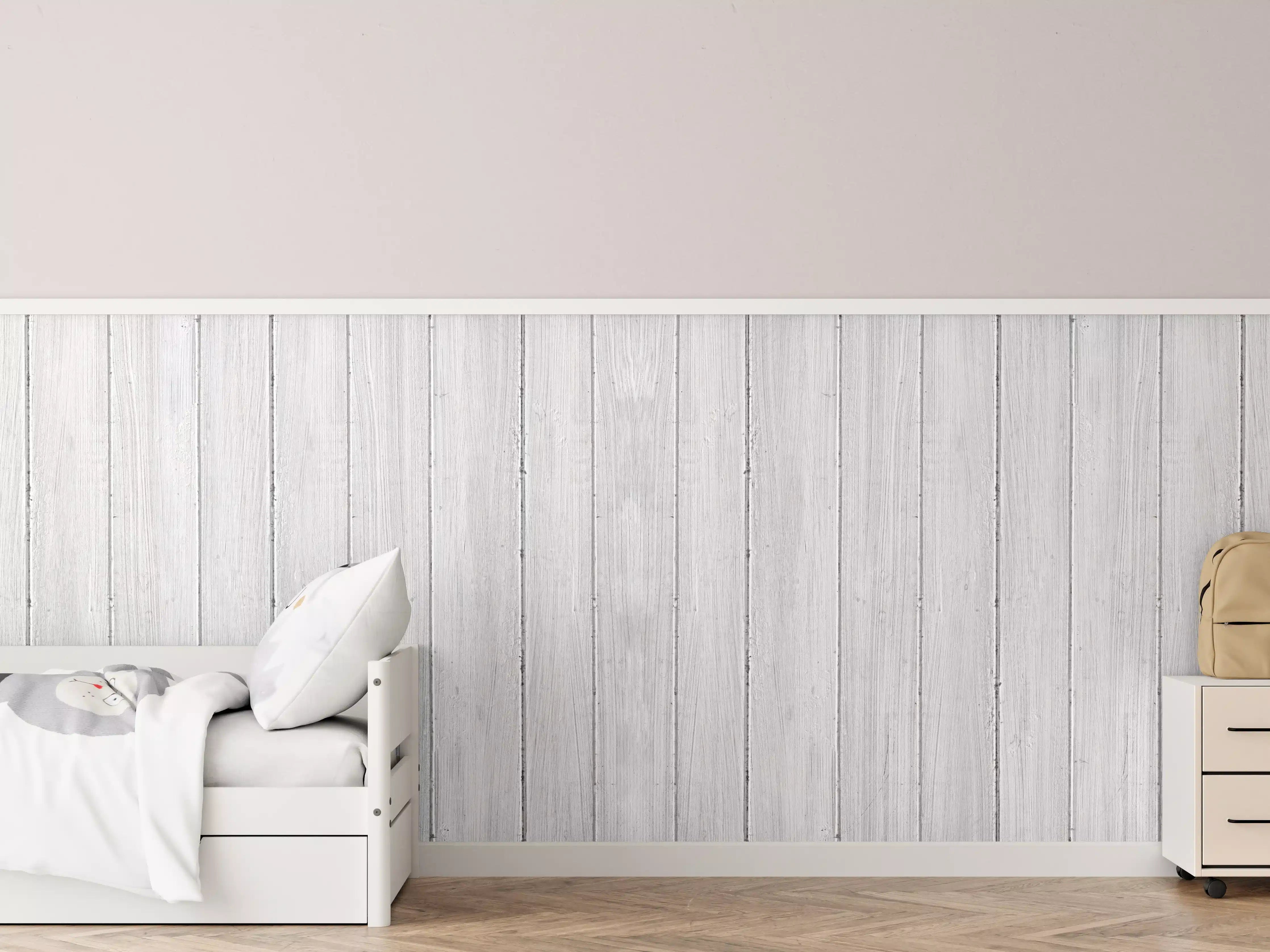 Kinderzimmer Wandgestaltung - Graue Holzmaserung mit Weiß-Optik
